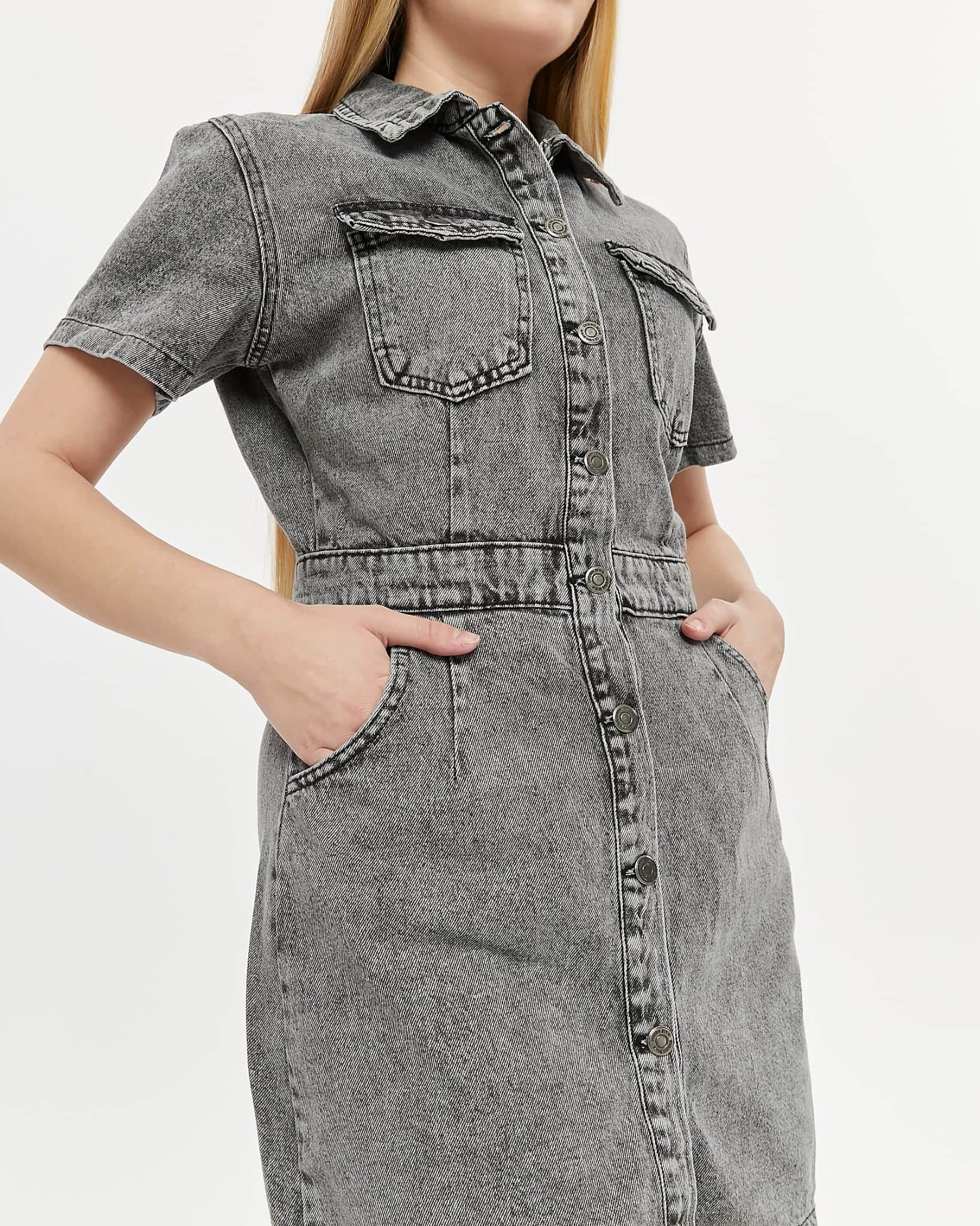 Vovikon KN Ön Arka Pensli Denim Kar Siyah Kadın Kot Elbise