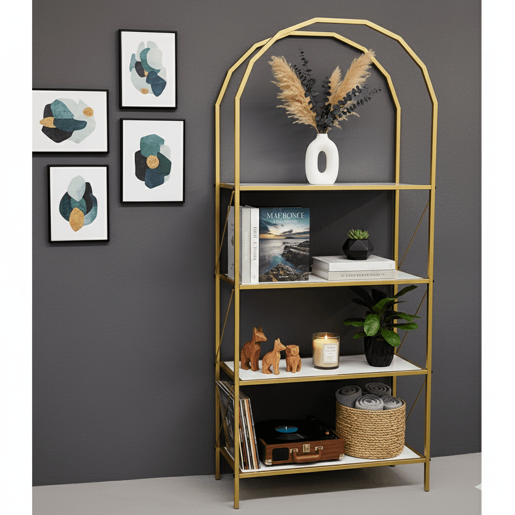 Metal Gold 4 Raflı Kitaplık Oval Sekizgen Çok Amaçlı Dolap