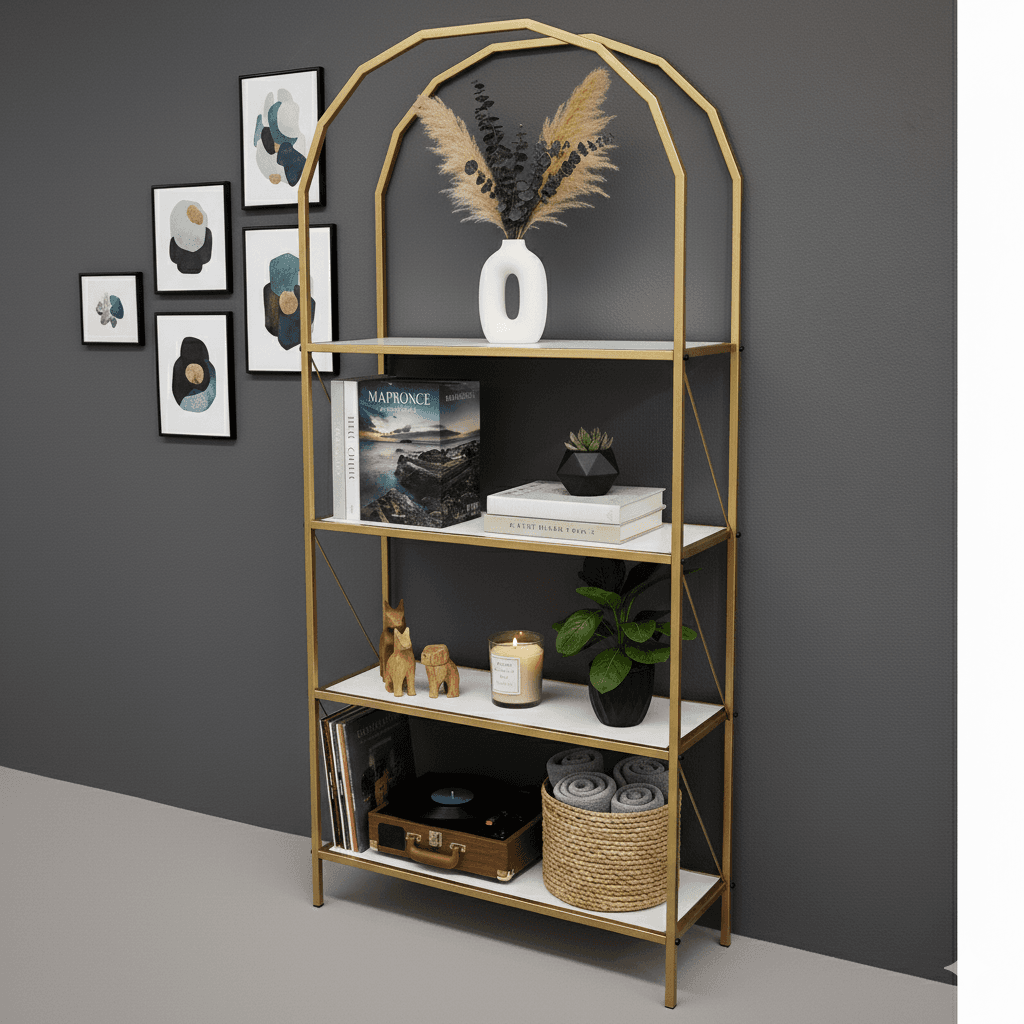 Metal Gold 4 Raflı Kitaplık Oval Sekizgen Çok Amaçlı Dolap