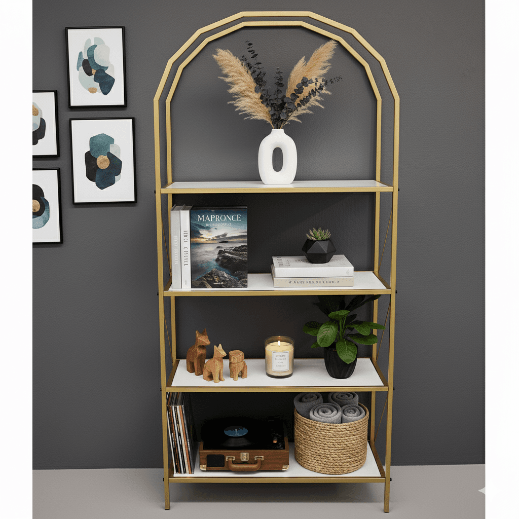 Metal Gold 4 Raflı Kitaplık Oval Sekizgen Çok Amaçlı Dolap