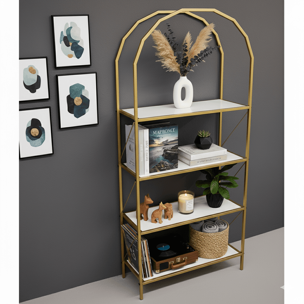 Metal Gold 4 Raflı Kitaplık Oval Sekizgen Çok Amaçlı Dolap