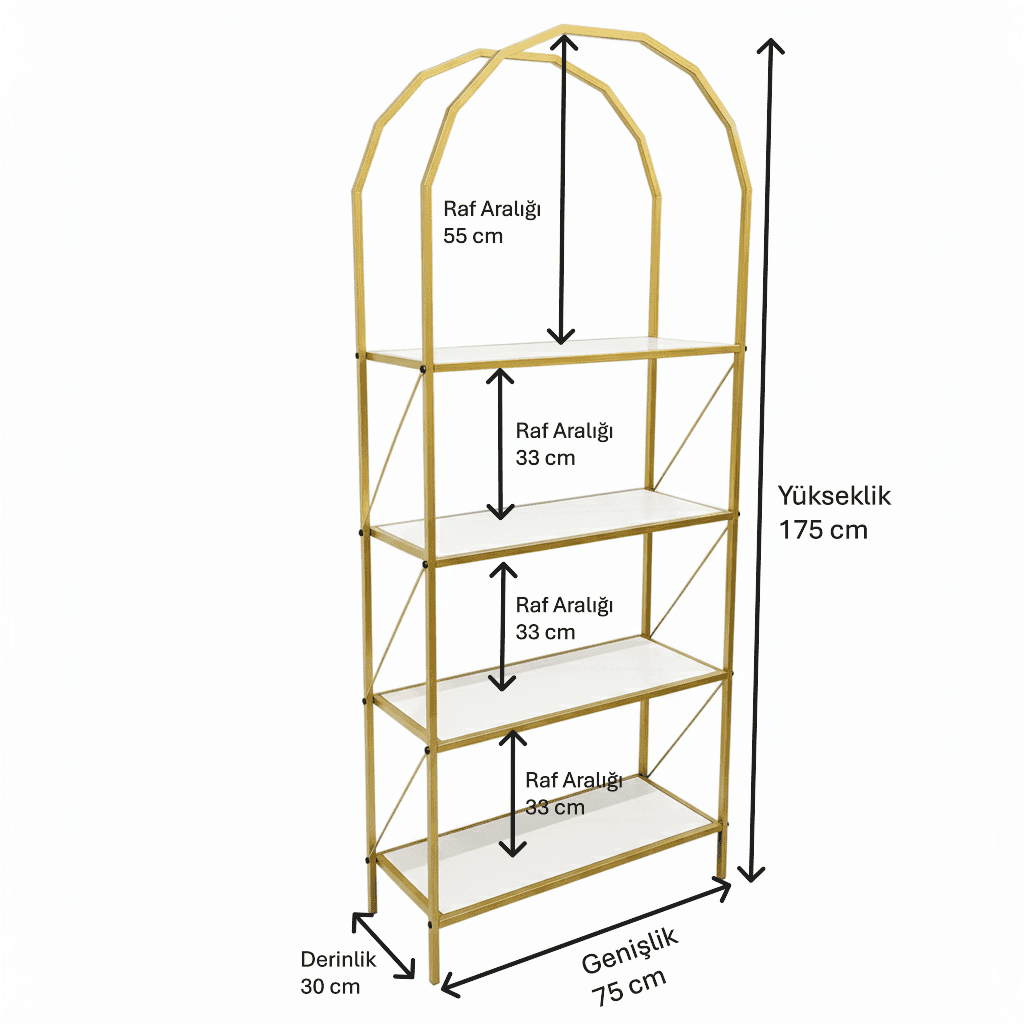 Metal Gold 4 Raflı Kitaplık Oval Sekizgen Çok Amaçlı Dolap