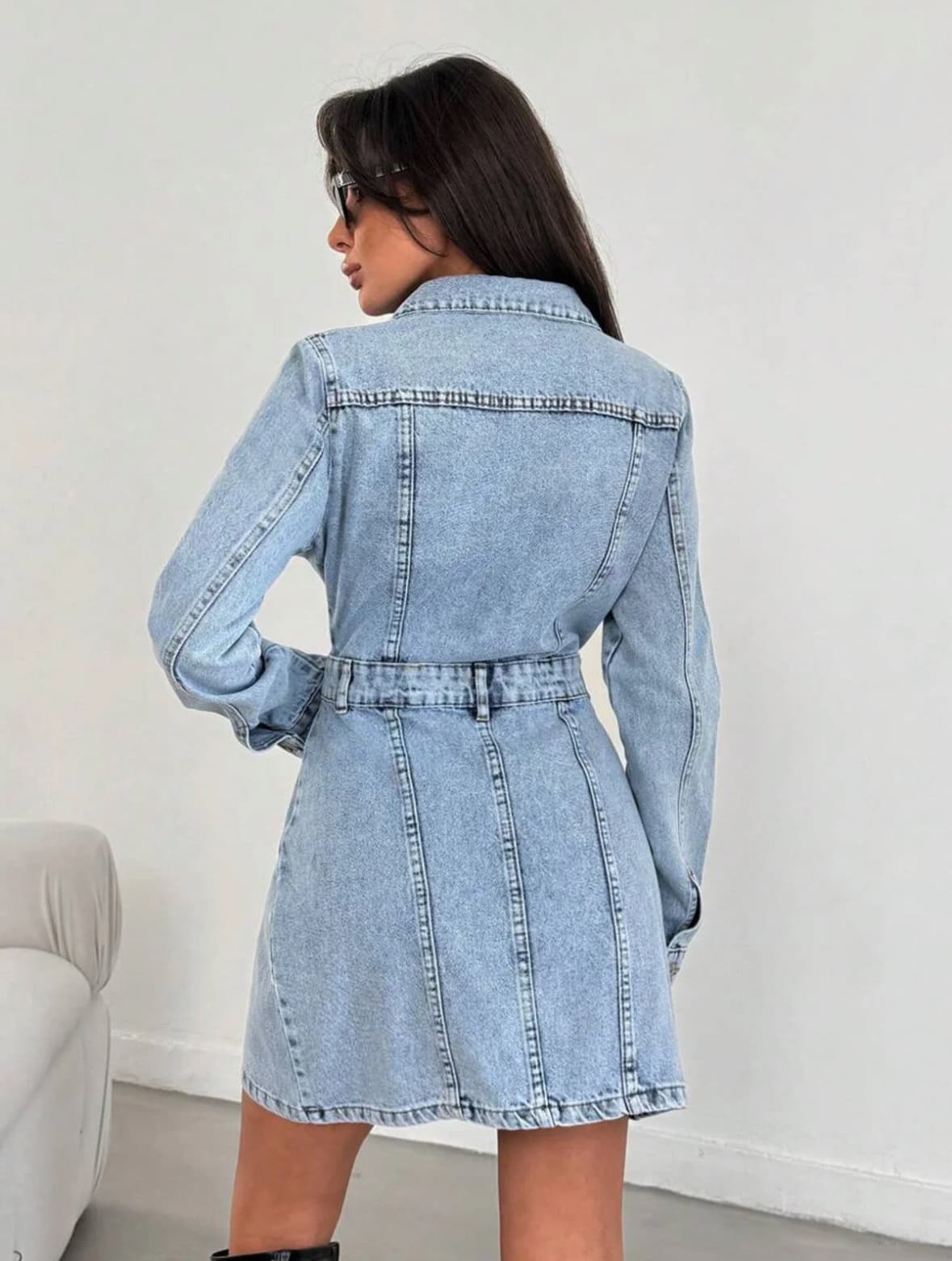 Vovikon Ön Pileli Buz Kar Denim Elbise