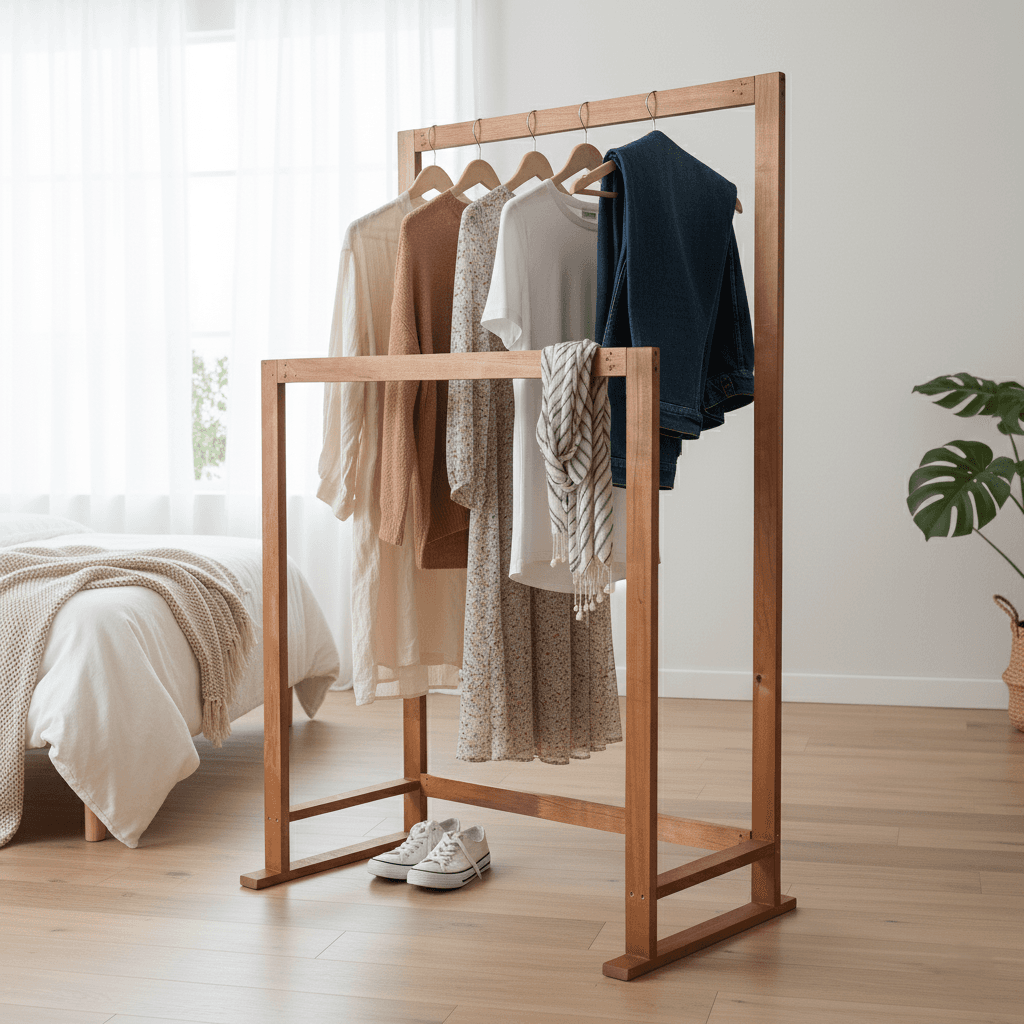 Ahşap Elbise Askısı 2li Kıyafet Askısı Ayaklı Askılık