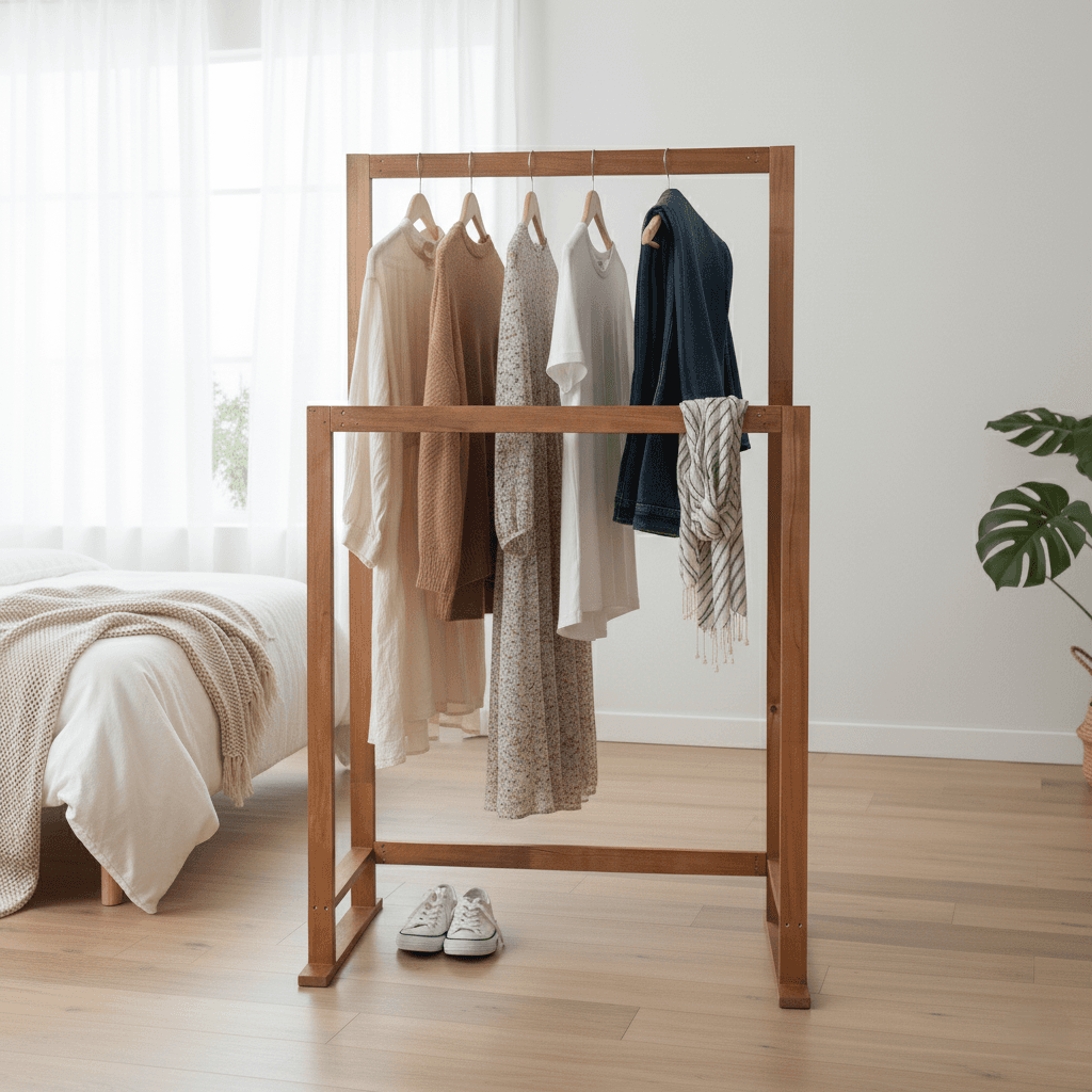 Ahşap Elbise Askısı 2li Kıyafet Askısı Ayaklı Askılık