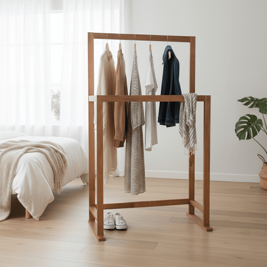 Ahşap Elbise Askısı 2li Kıyafet Askısı Ayaklı Askılık