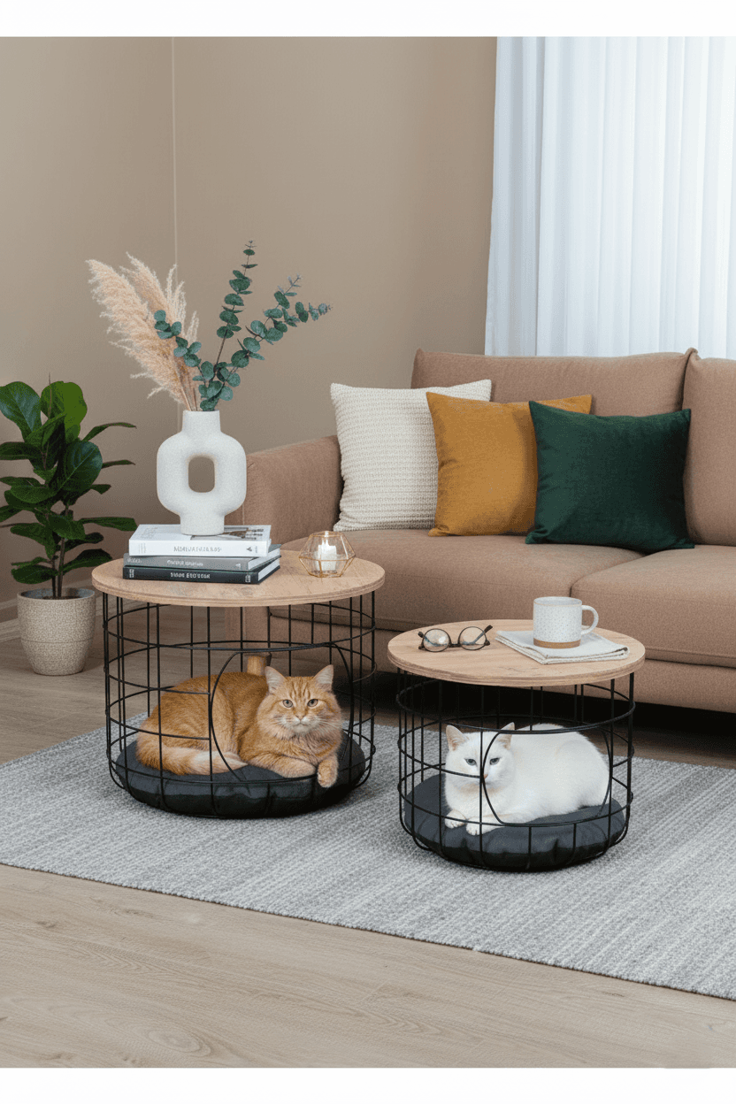 Kedi Yuvalı  Atlantik Çam Sepet Sehpa Seti 2li Orta Sehpa Kahve Sehpası