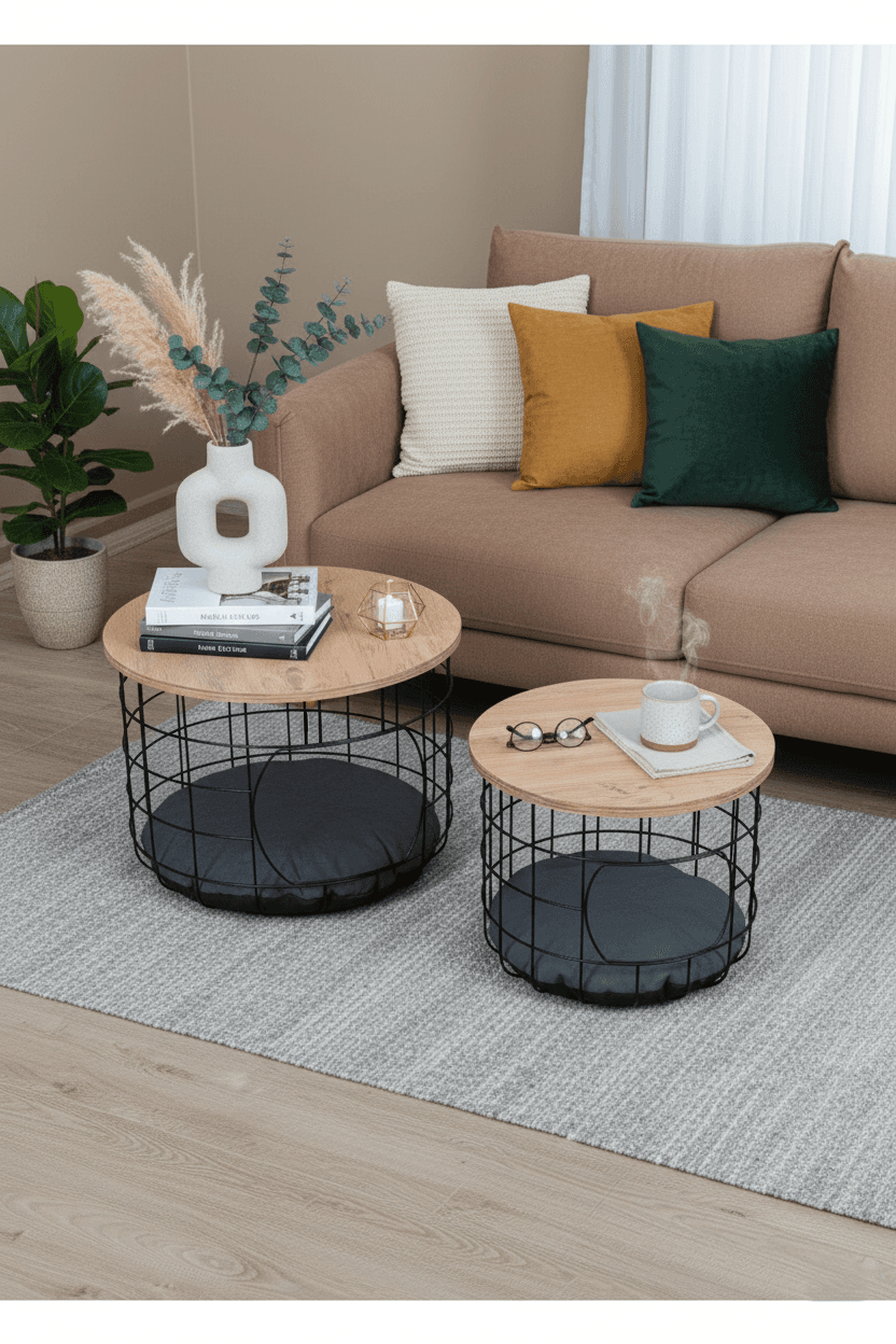 Kedi Yuvalı  Atlantik Çam Sepet Sehpa Seti 2li Orta Sehpa Kahve Sehpası