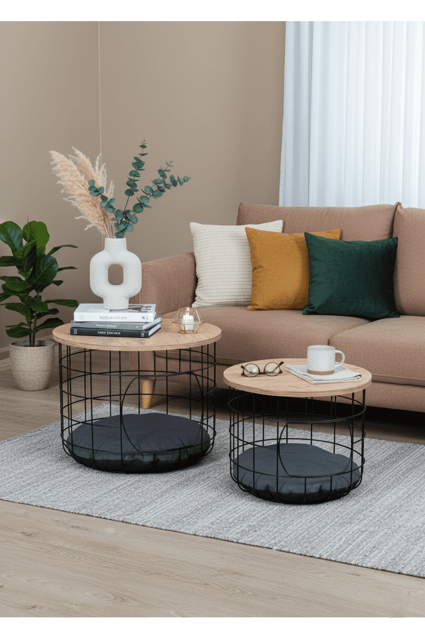 Kedi Yuvalı  Atlantik Çam Sepet Sehpa Seti 2li Orta Sehpa Kahve Sehpası