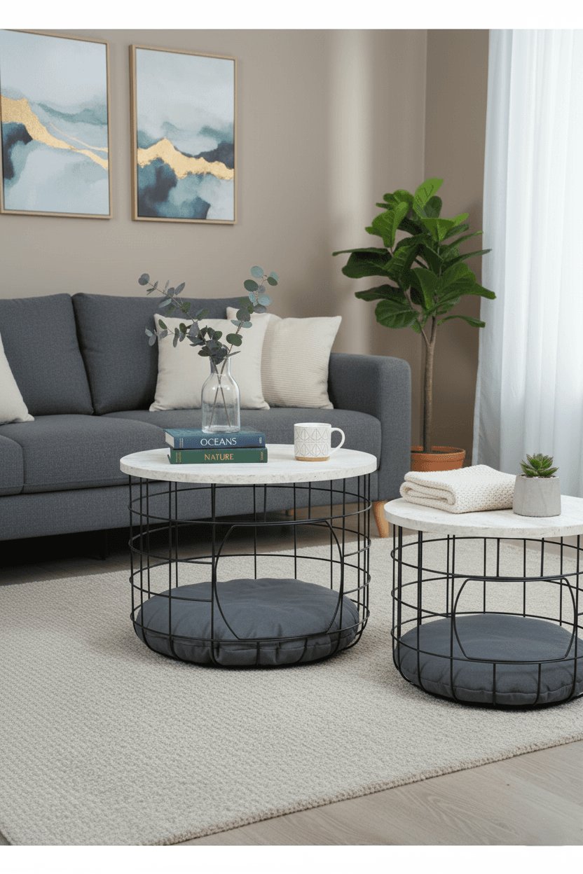 Kedi Yuvalı Traverten Beyaz Sepet Sehpa Seti 2li Orta Sehpa Kahve Sehpası