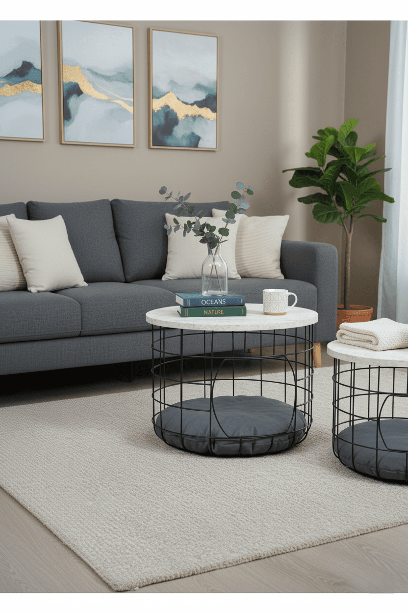 Kedi Yuvalı Traverten Beyaz Sepet Sehpa Seti 2li Orta Sehpa Kahve Sehpası