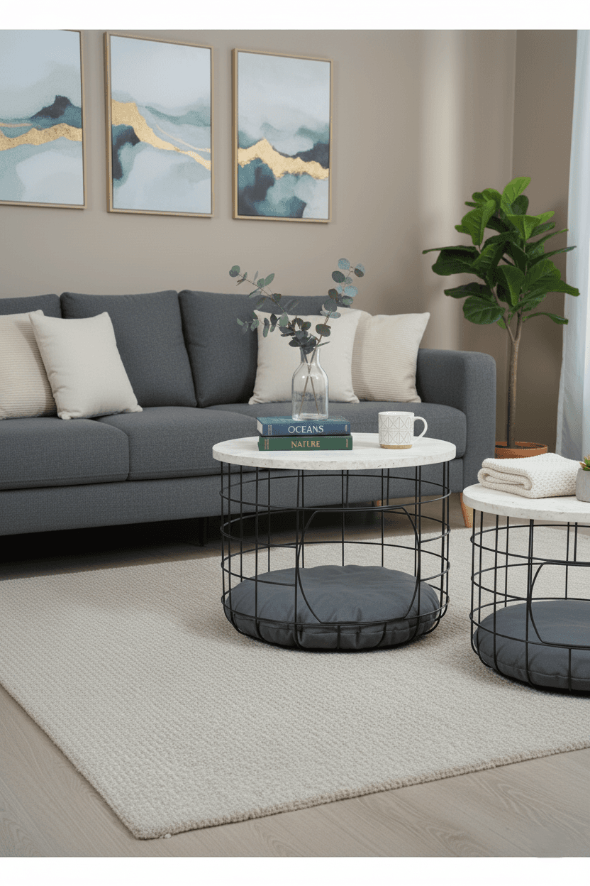 Kedi Yuvalı Traverten Beyaz Sepet Sehpa Seti 2li Orta Sehpa Kahve Sehpası