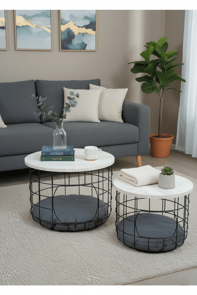 Kedi Yuvalı Traverten Beyaz Sepet Sehpa Seti 2li Orta Sehpa Kahve Sehpası