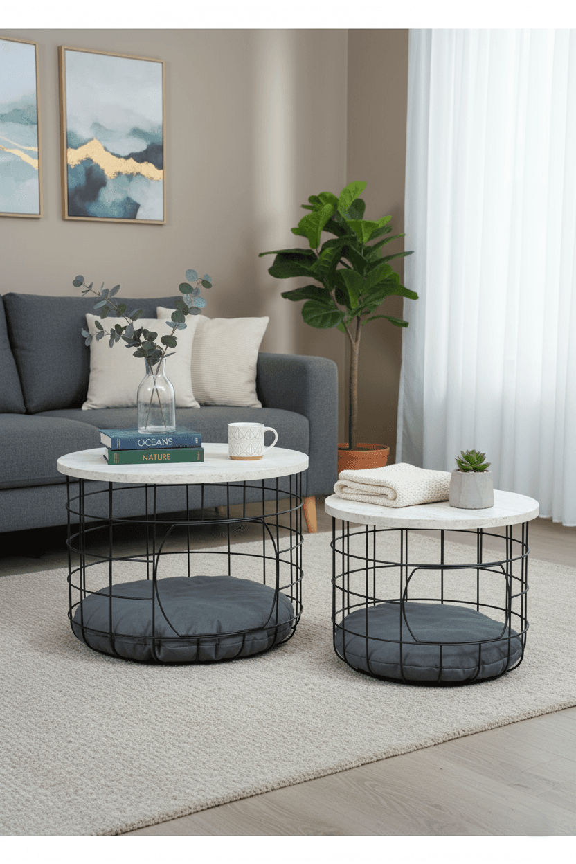 Kedi Yuvalı Traverten Beyaz Sepet Sehpa Seti 2li Orta Sehpa Kahve Sehpası