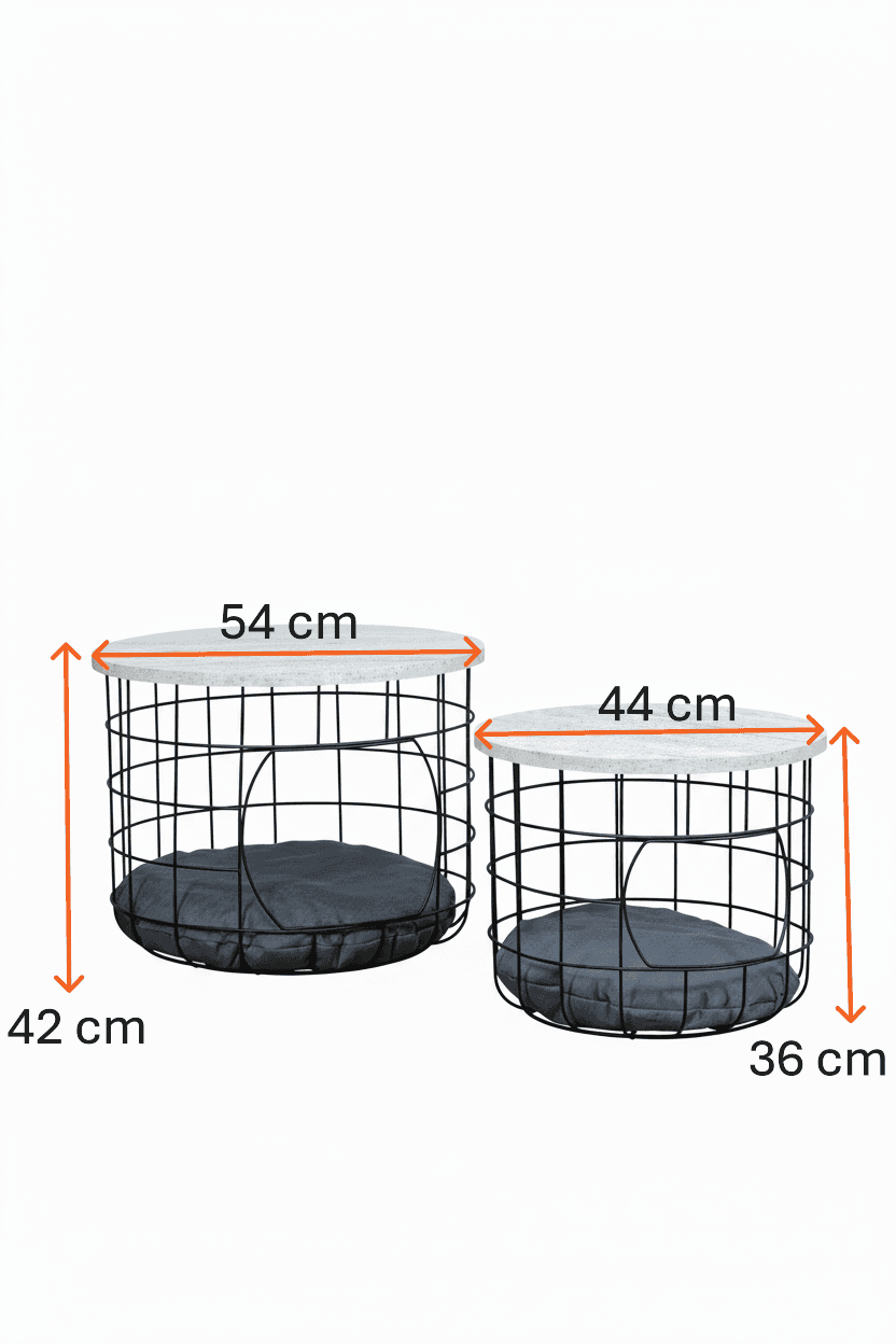 Kedi Yuvalı Traverten Beyaz Sepet Sehpa Seti 2li Orta Sehpa Kahve Sehpası