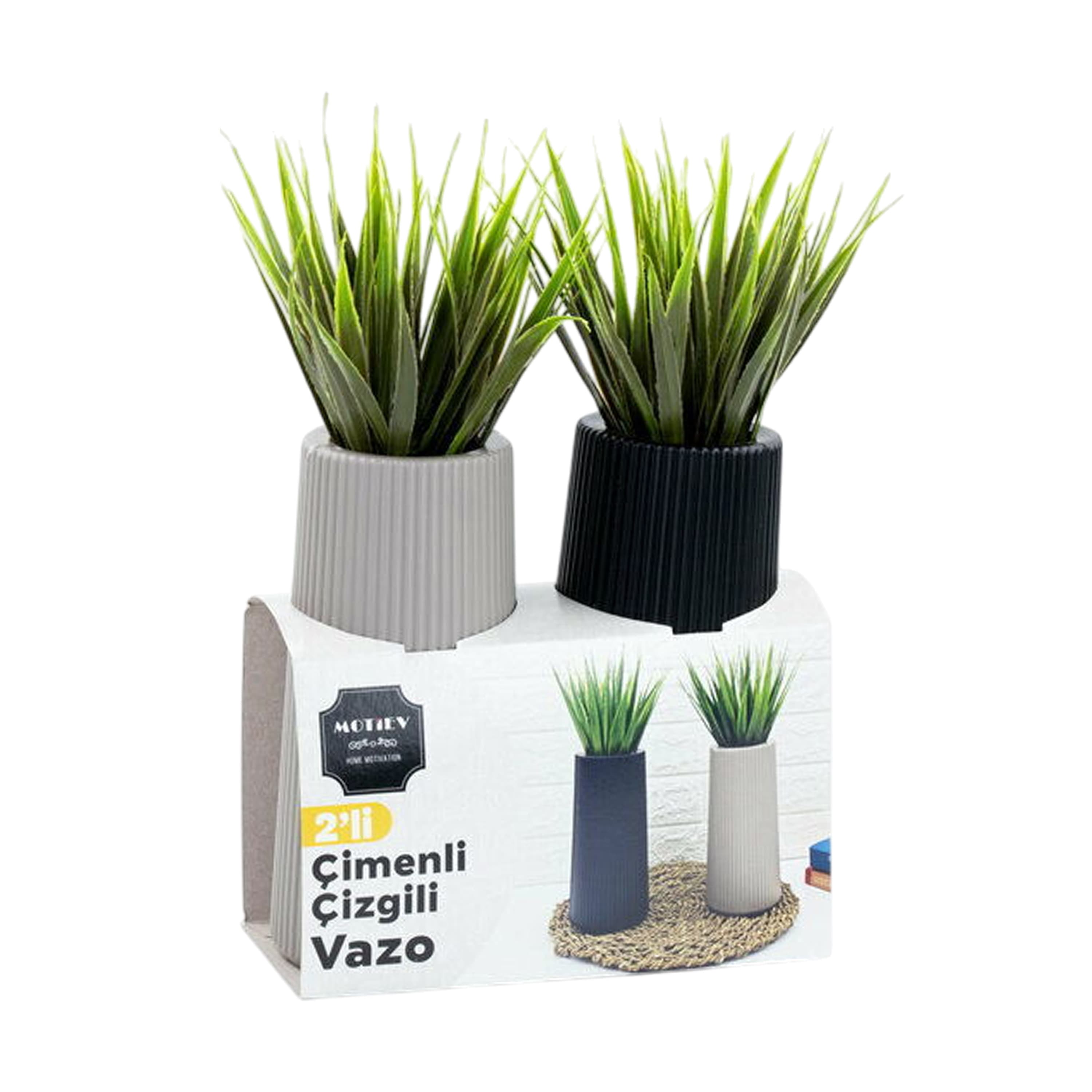 2li Çizgili Yapay Çimenli Vazo Seti - Görsel 1