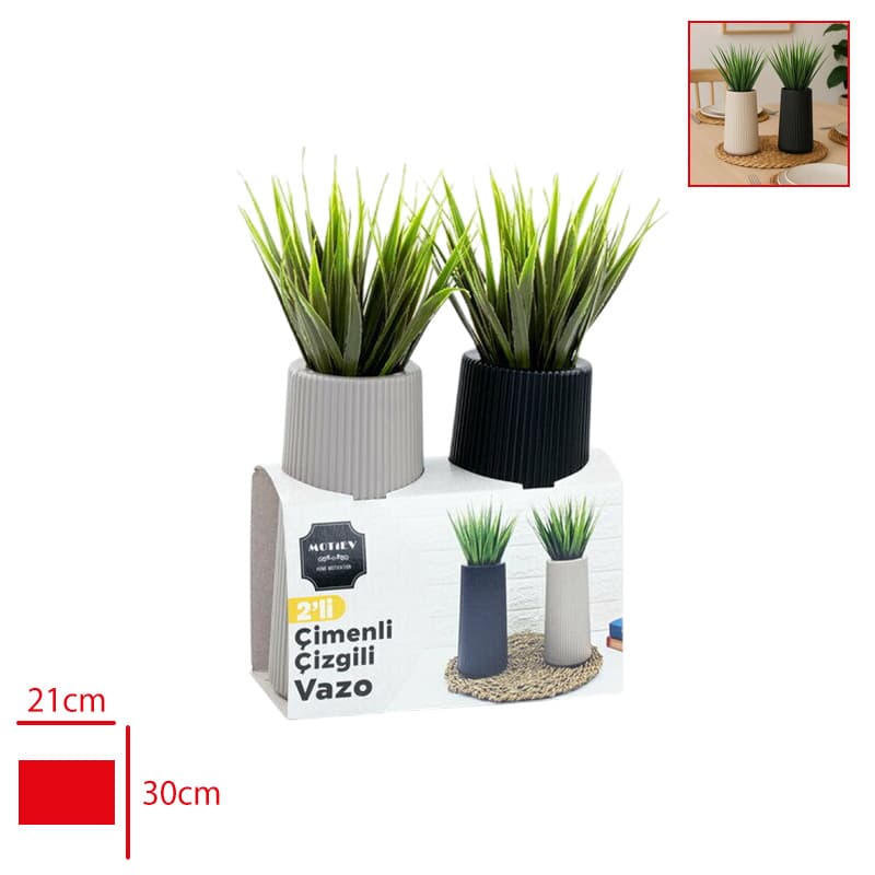 2li Çizgili Yapay Çimenli Vazo Seti - Görsel 2