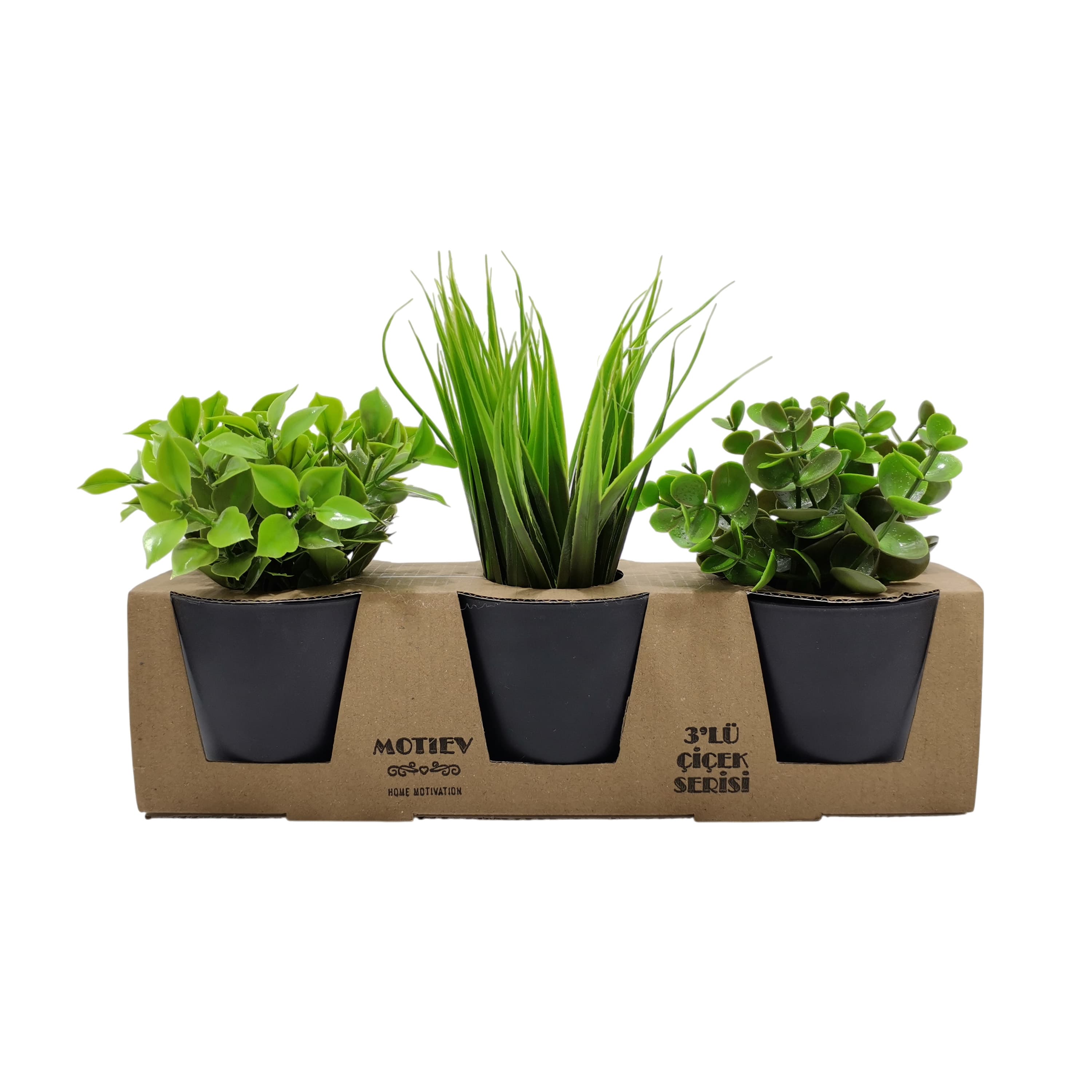 3lü Yapay Çiçek Yaprak Saksı Seti - Görsel 1