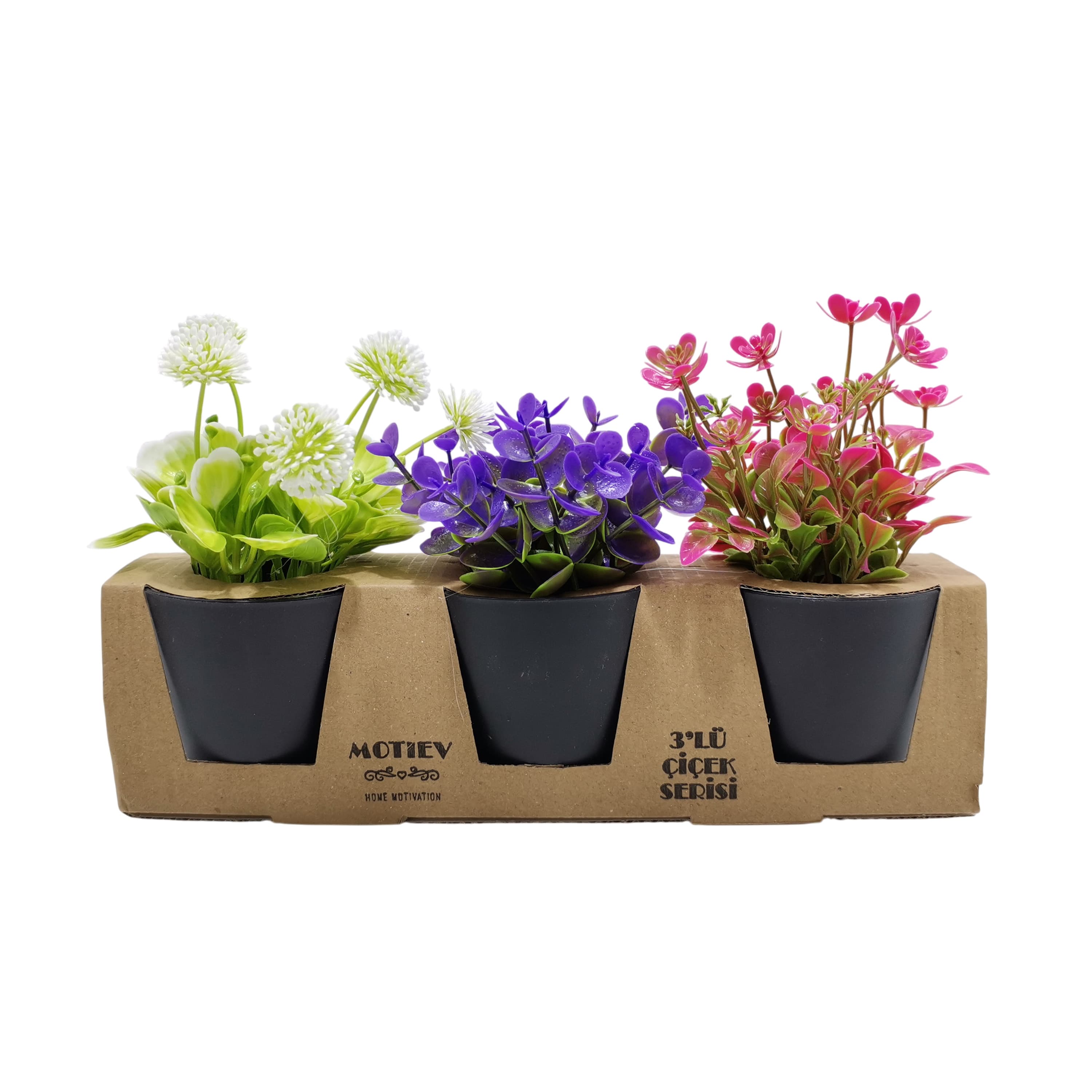 3lü Yapay Çiçek Bitki Saksı Seti - Görsel 1