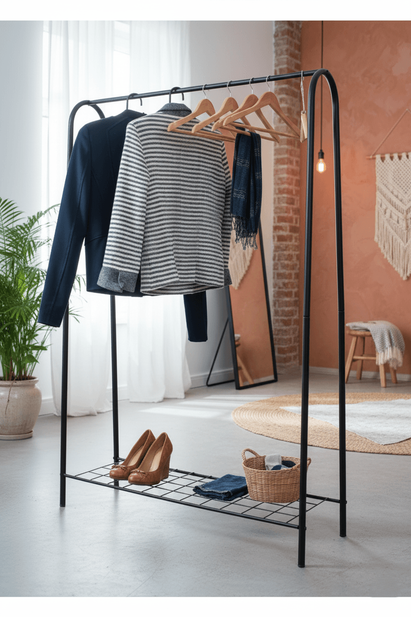 Tek Raflı Ayakkabılıklı Elbise Kıyafet Askısı Ayaklı Askılık - Görsel 1