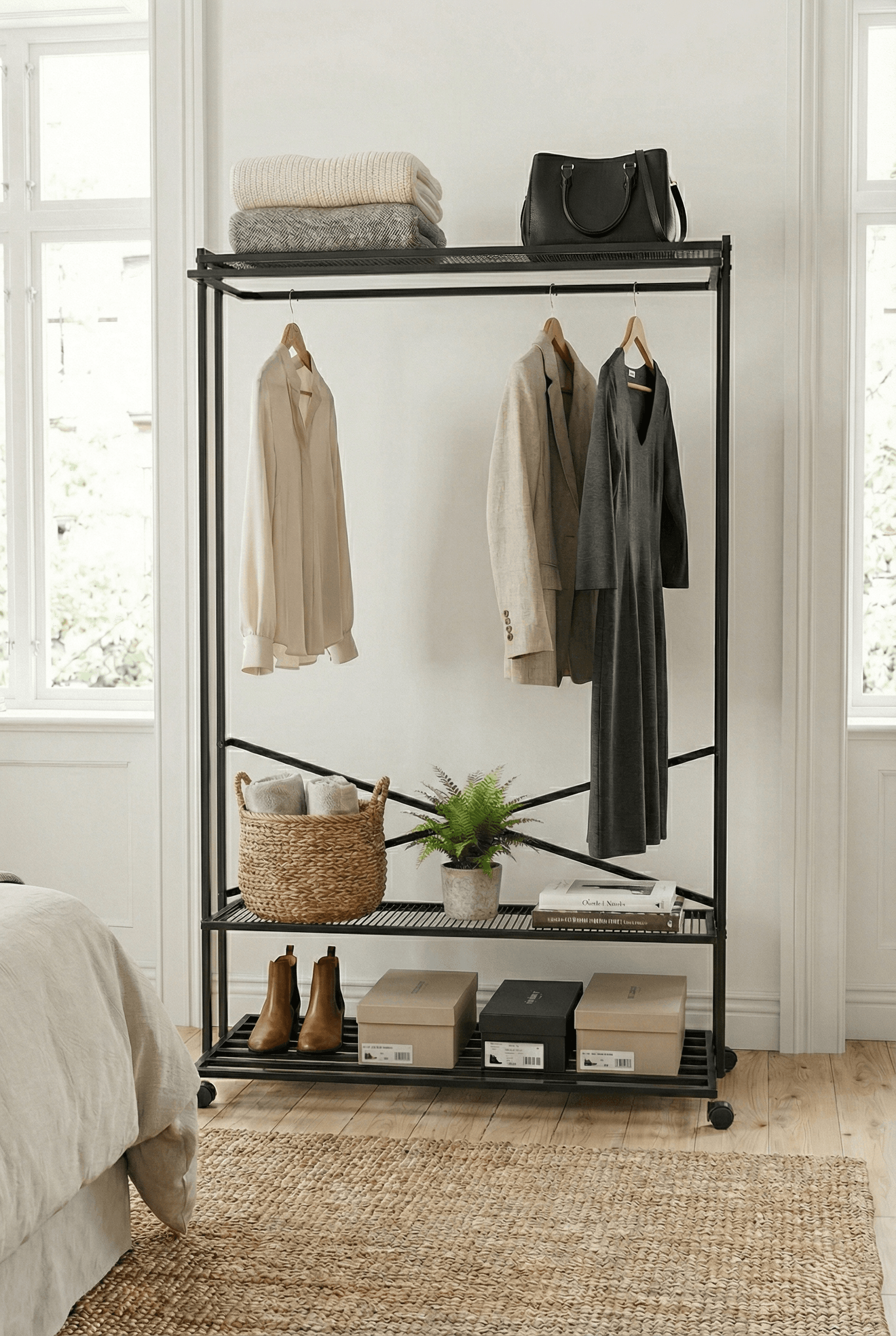 Metal 3 Raflı Tekerlekli Elbise Askısı Ayaklı Askılık Portmanto - Görsel 2