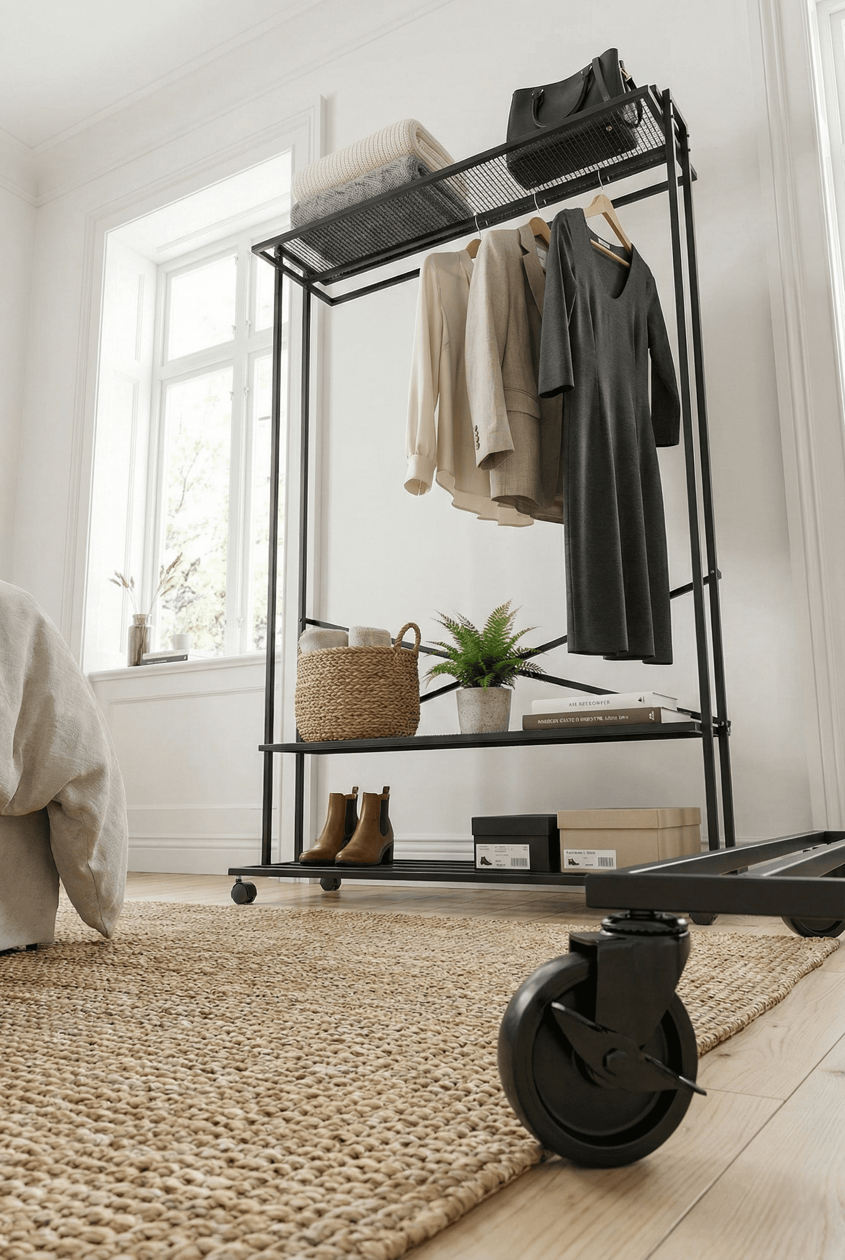 Metal 3 Raflı Tekerlekli Elbise Askısı Ayaklı Askılık Portmanto - Görsel 3