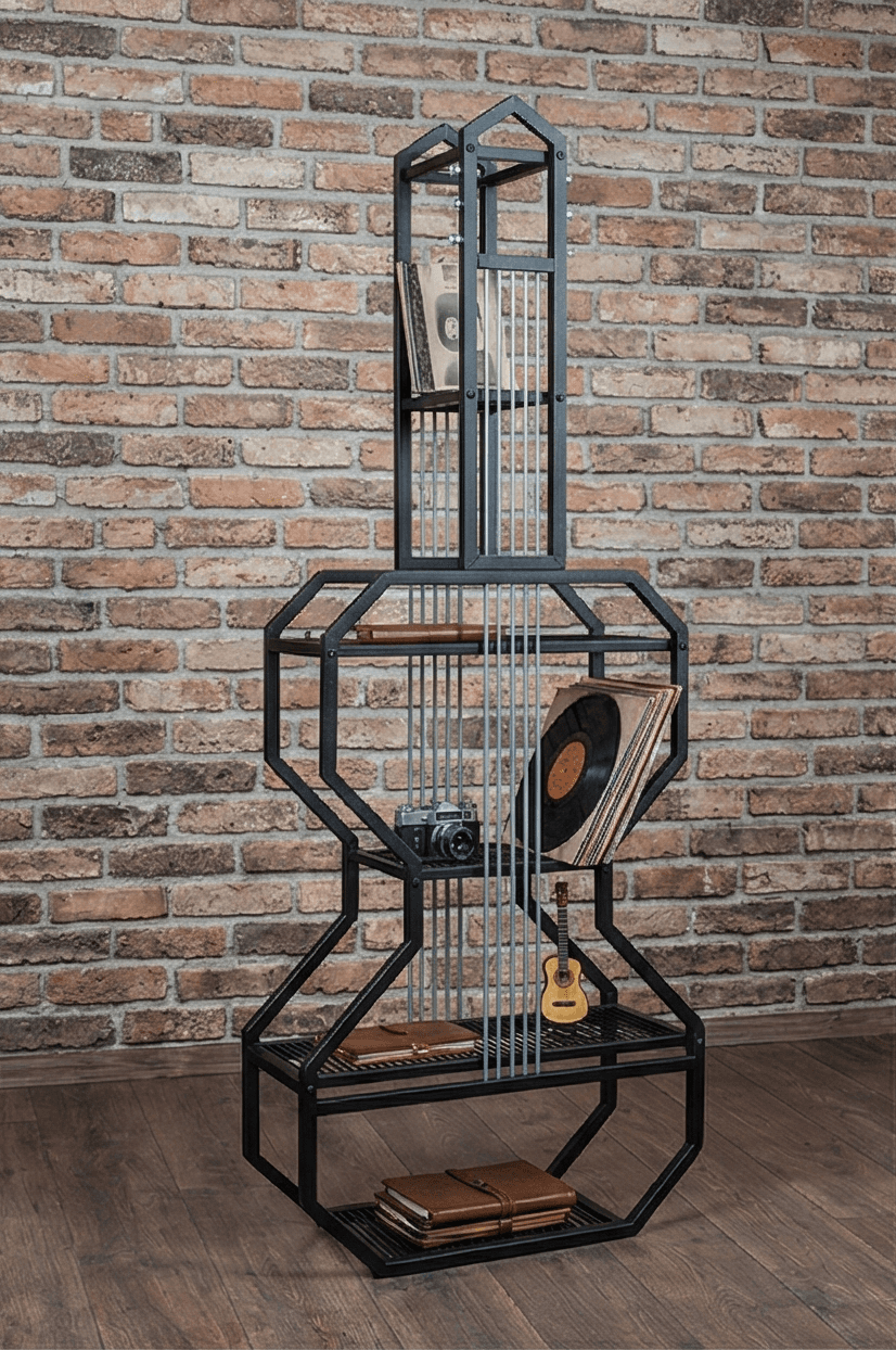 Metal Siyah Dekoratif Gitar Kitaplık Yaşam Ünitesi - Görsel 1