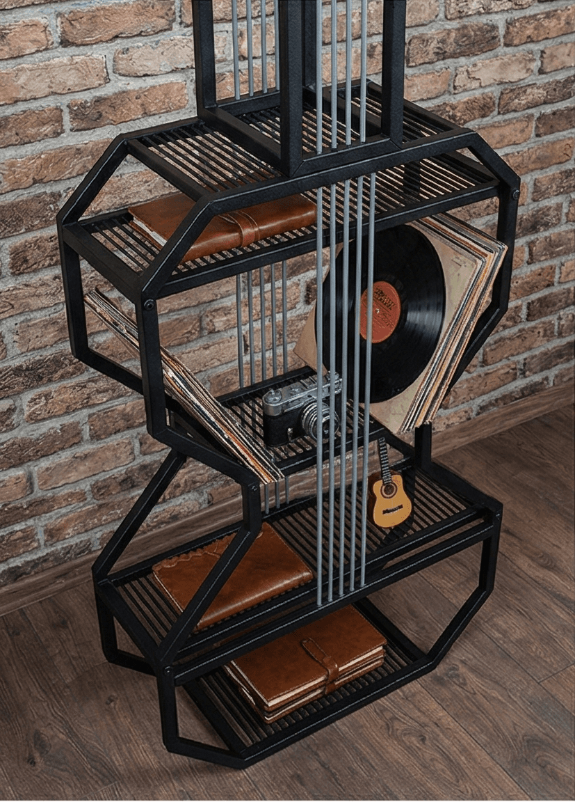 Metal Siyah Dekoratif Gitar Kitaplık Yaşam Ünitesi - Görsel 3