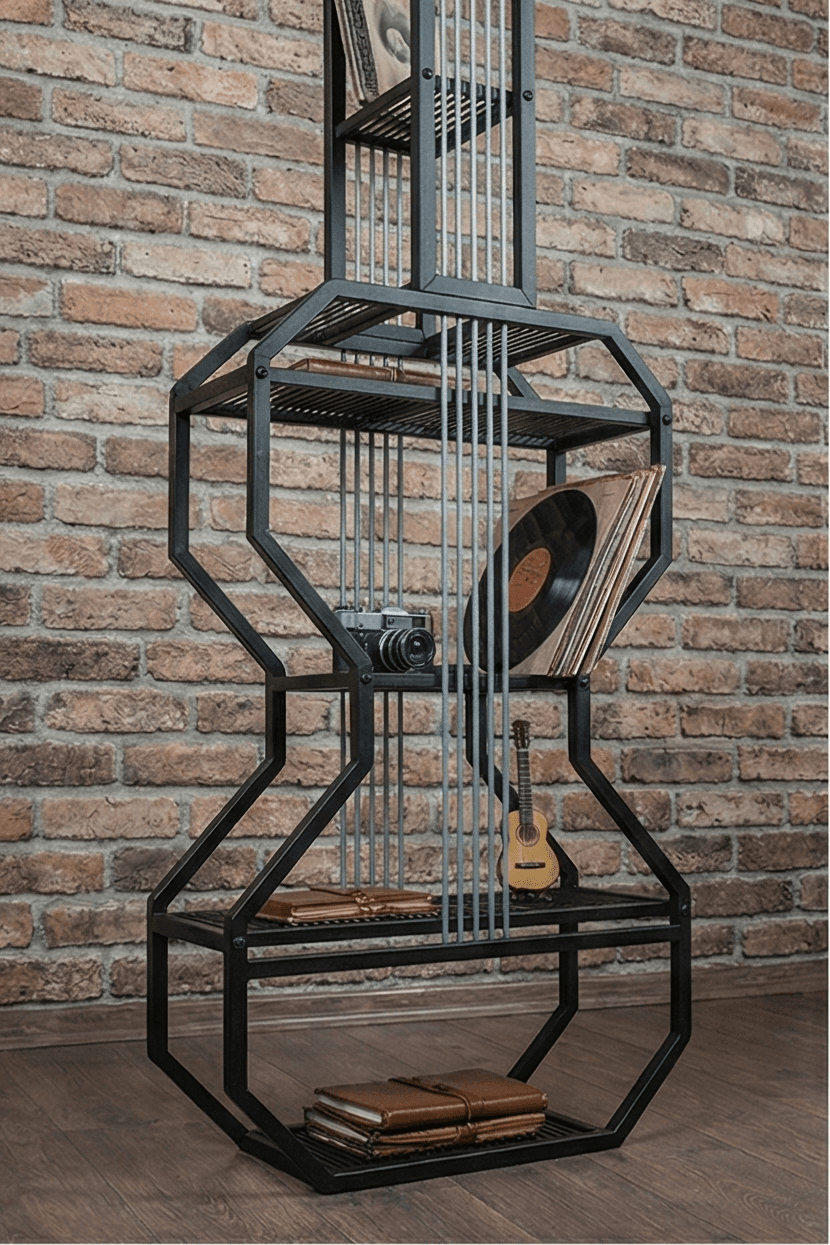 Metal Siyah Dekoratif Gitar Kitaplık Yaşam Ünitesi - Görsel 5