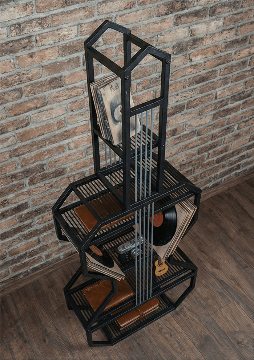 Metal Siyah Dekoratif Gitar Kitaplık Yaşam Ünitesi - Görsel 6