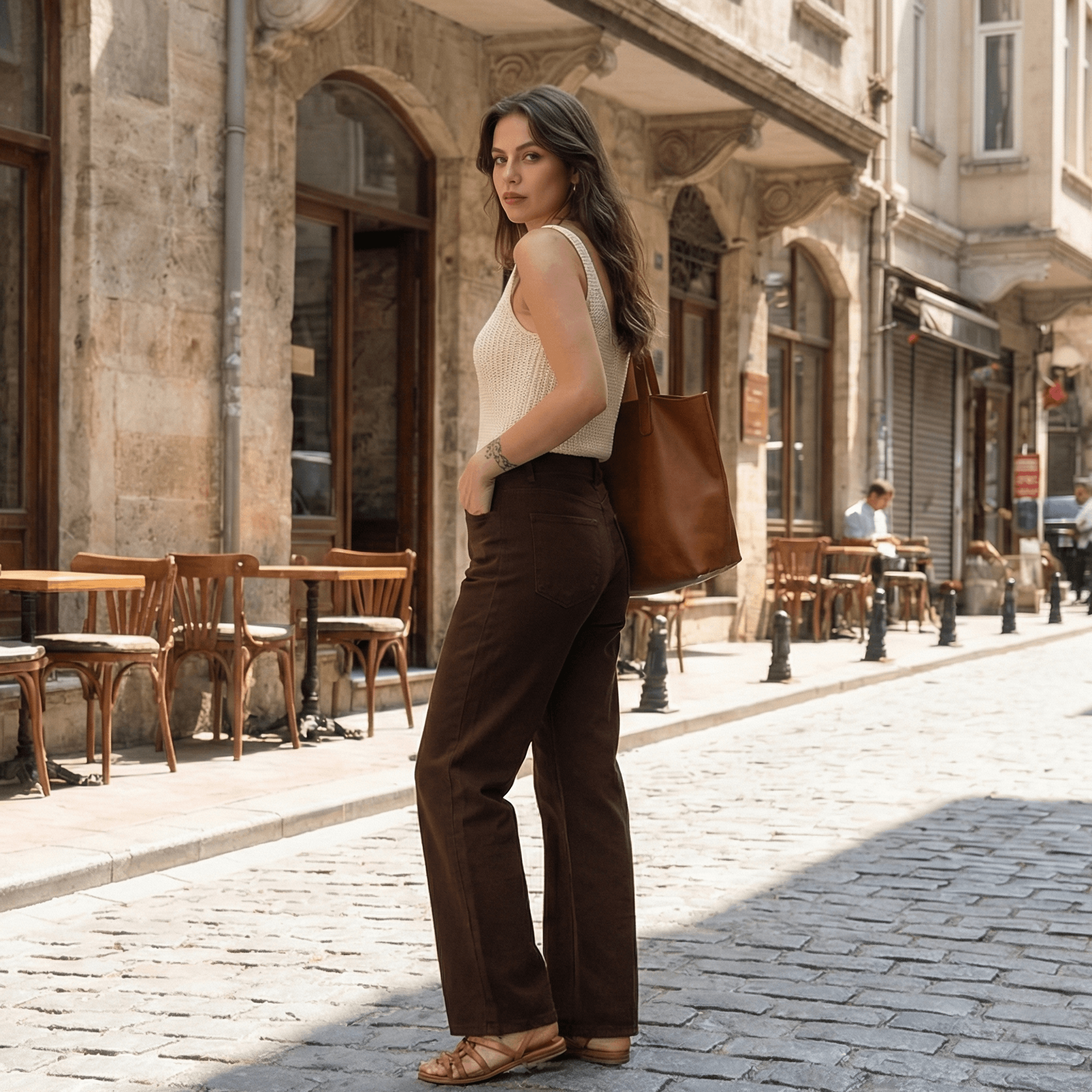 Yüksek Bel Keten Kahve Bol Paça Palazzo Pantolon - Görsel 2