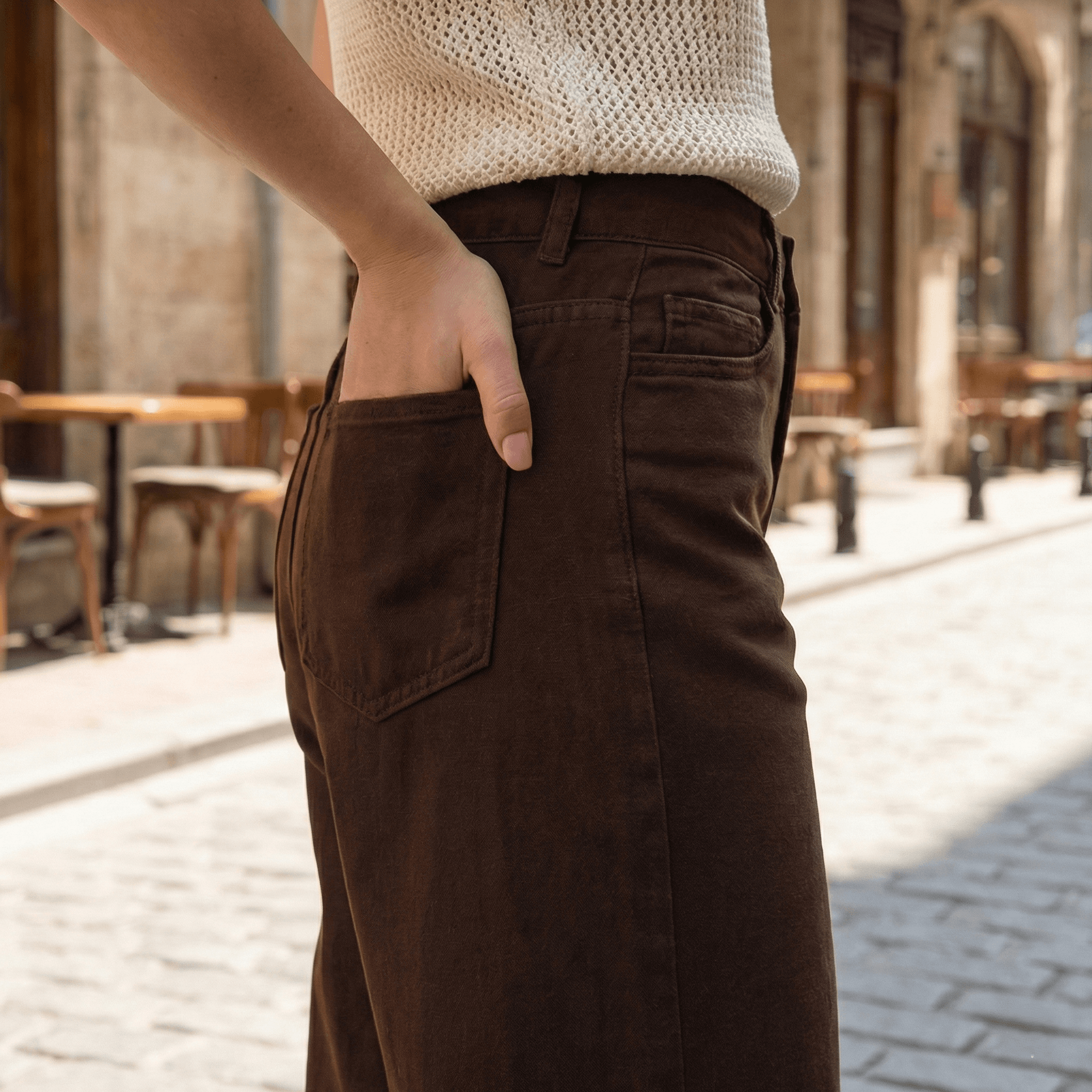 Yüksek Bel Keten Kahve Bol Paça Palazzo Pantolon - Görsel 3