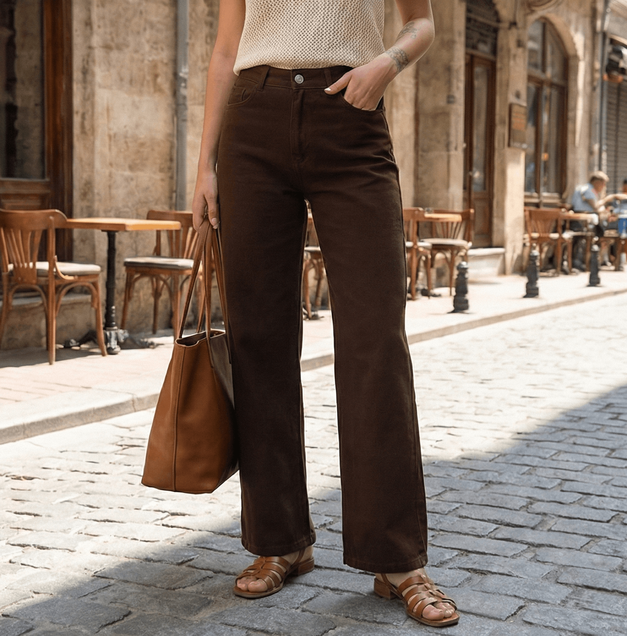 Yüksek Bel Keten Kahve Bol Paça Palazzo Pantolon - Görsel 4