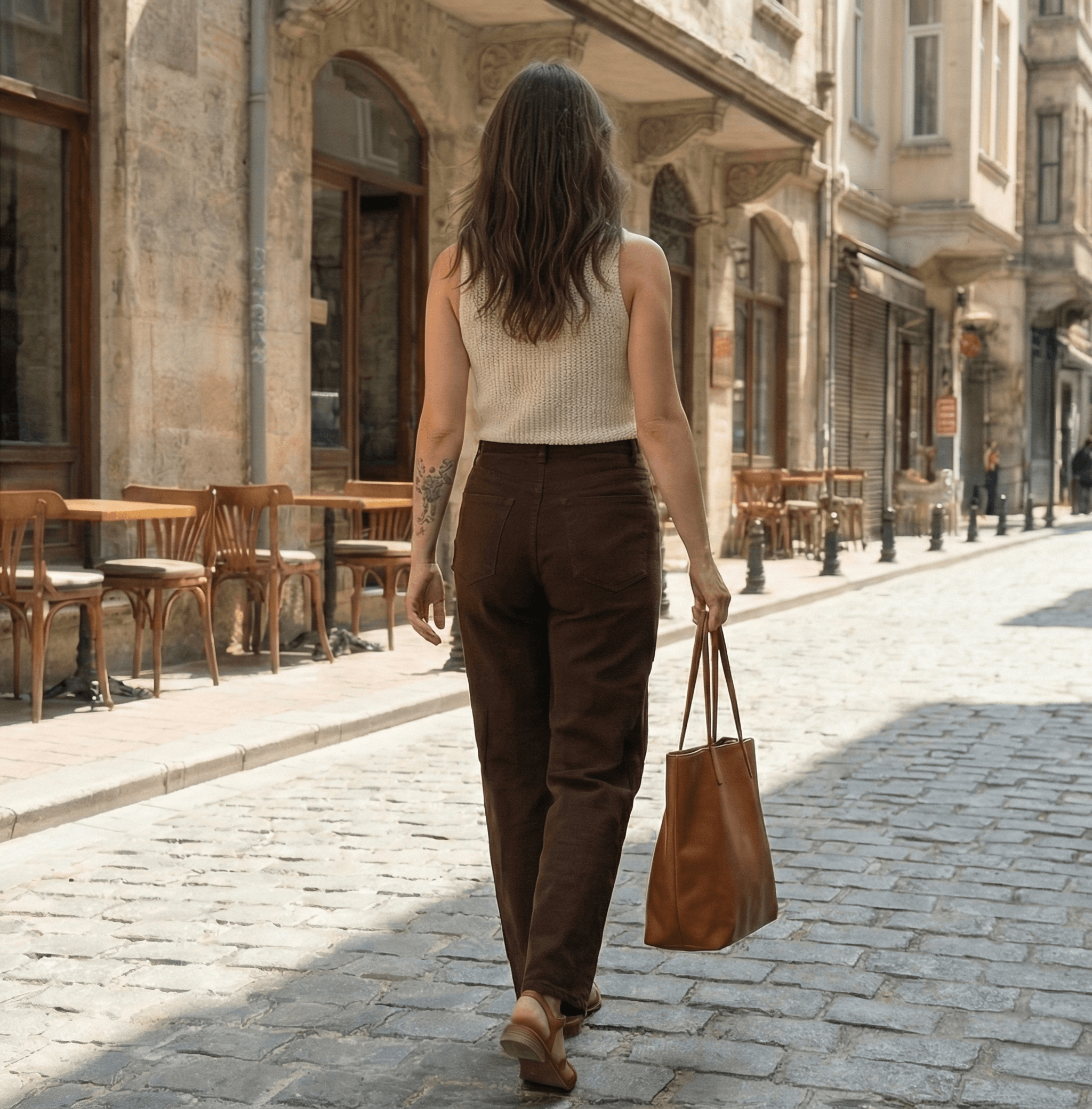 Yüksek Bel Keten Kahve Bol Paça Palazzo Pantolon - Görsel 5