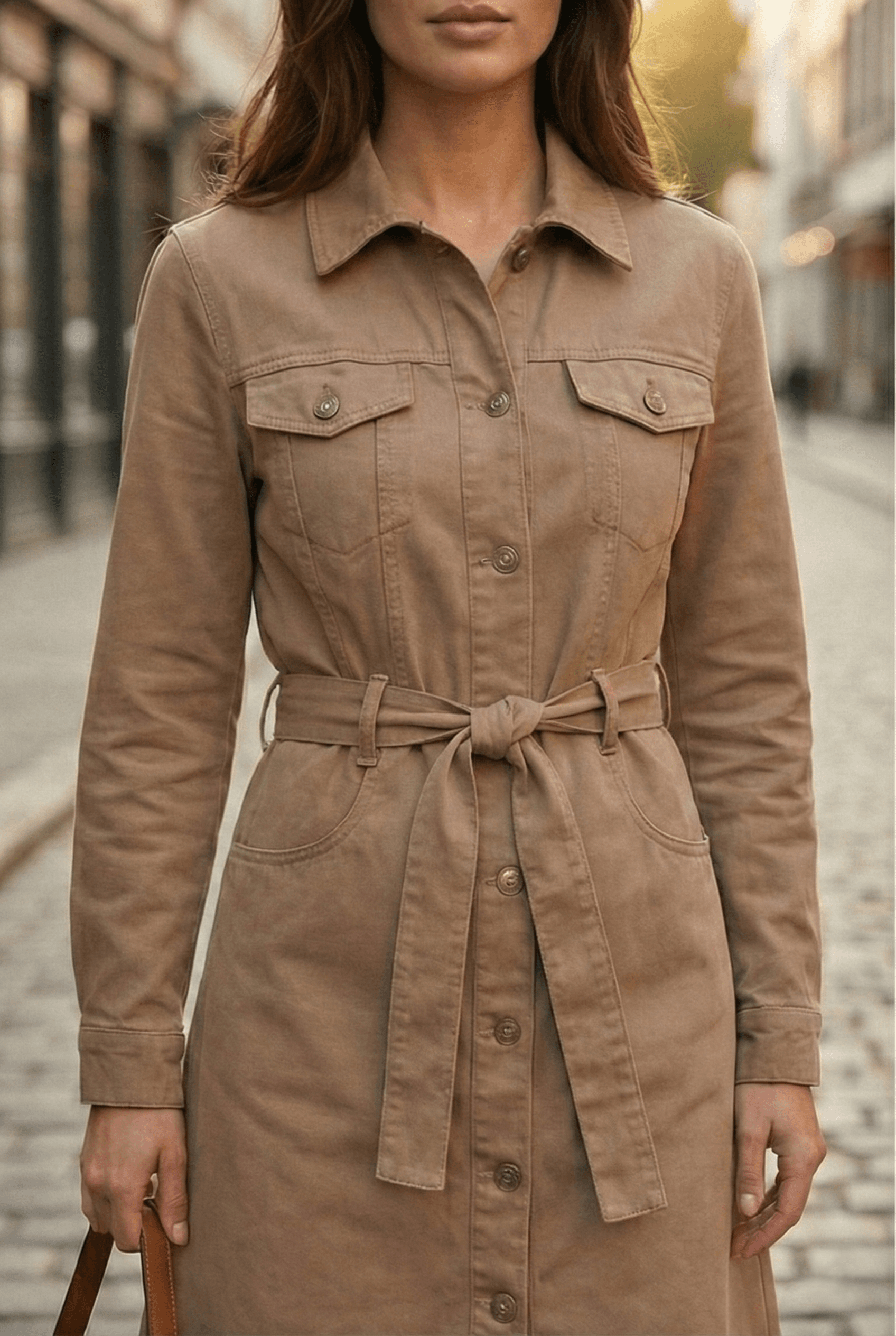 Vovikon Vizon Kuşaklı Uzun Düğmeli Denim Trençkot - Görsel 5