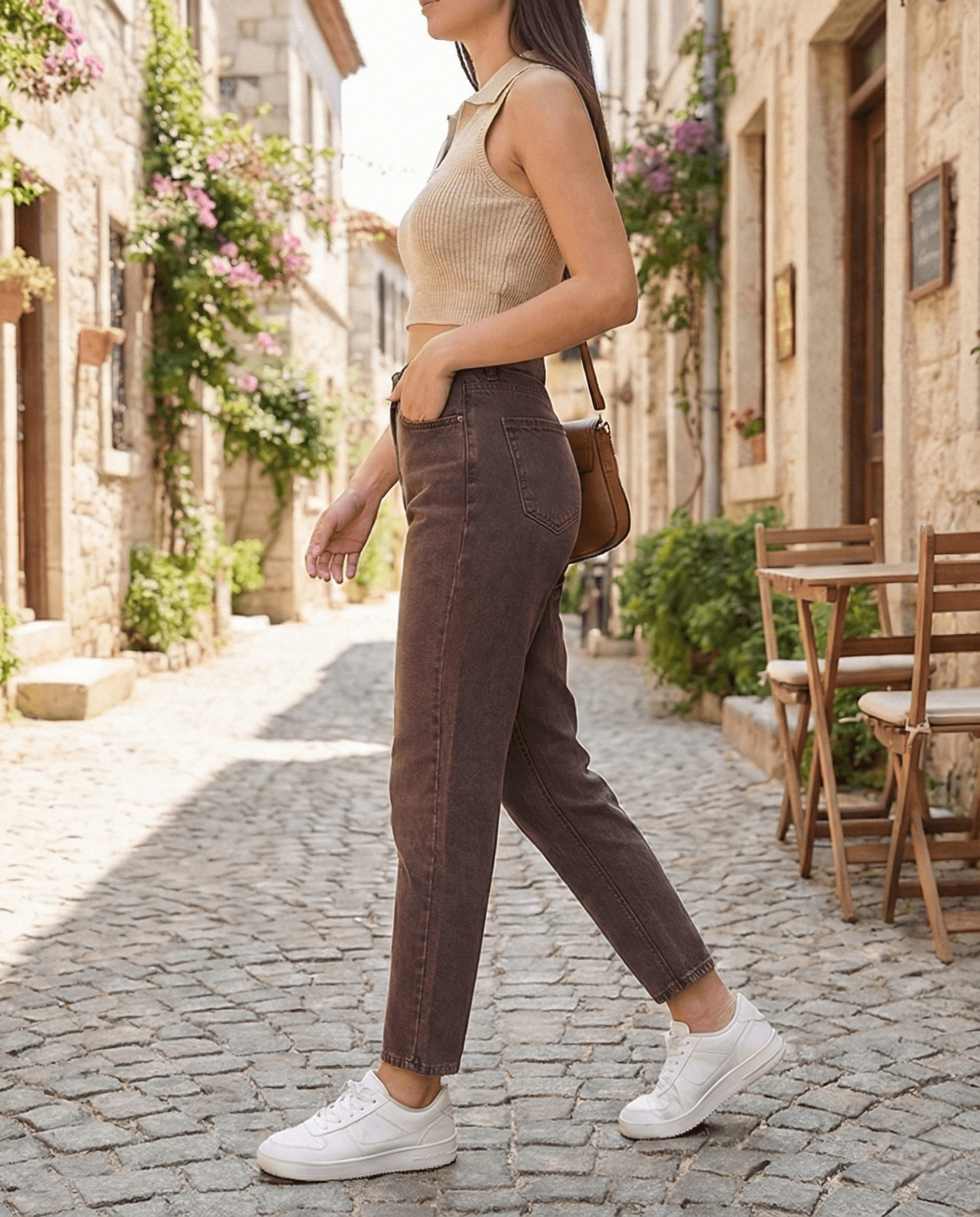 Vovikon Kahverengi Taşlamalı Denim Mom Jean - Görsel 2