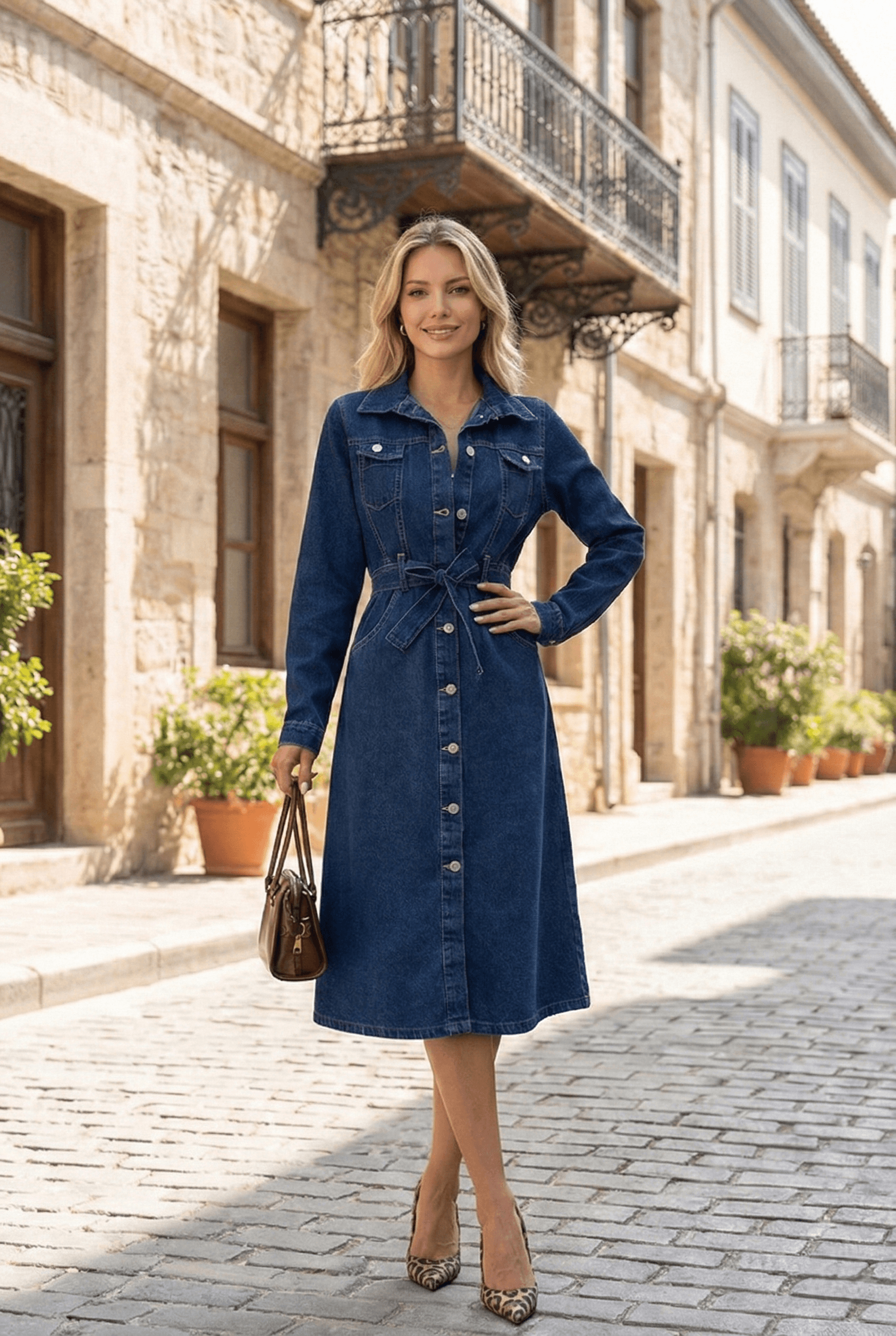 Vovikon Lacivert Kuşaklı Uzun Düğmeli Denim Trençkot - Görsel 1