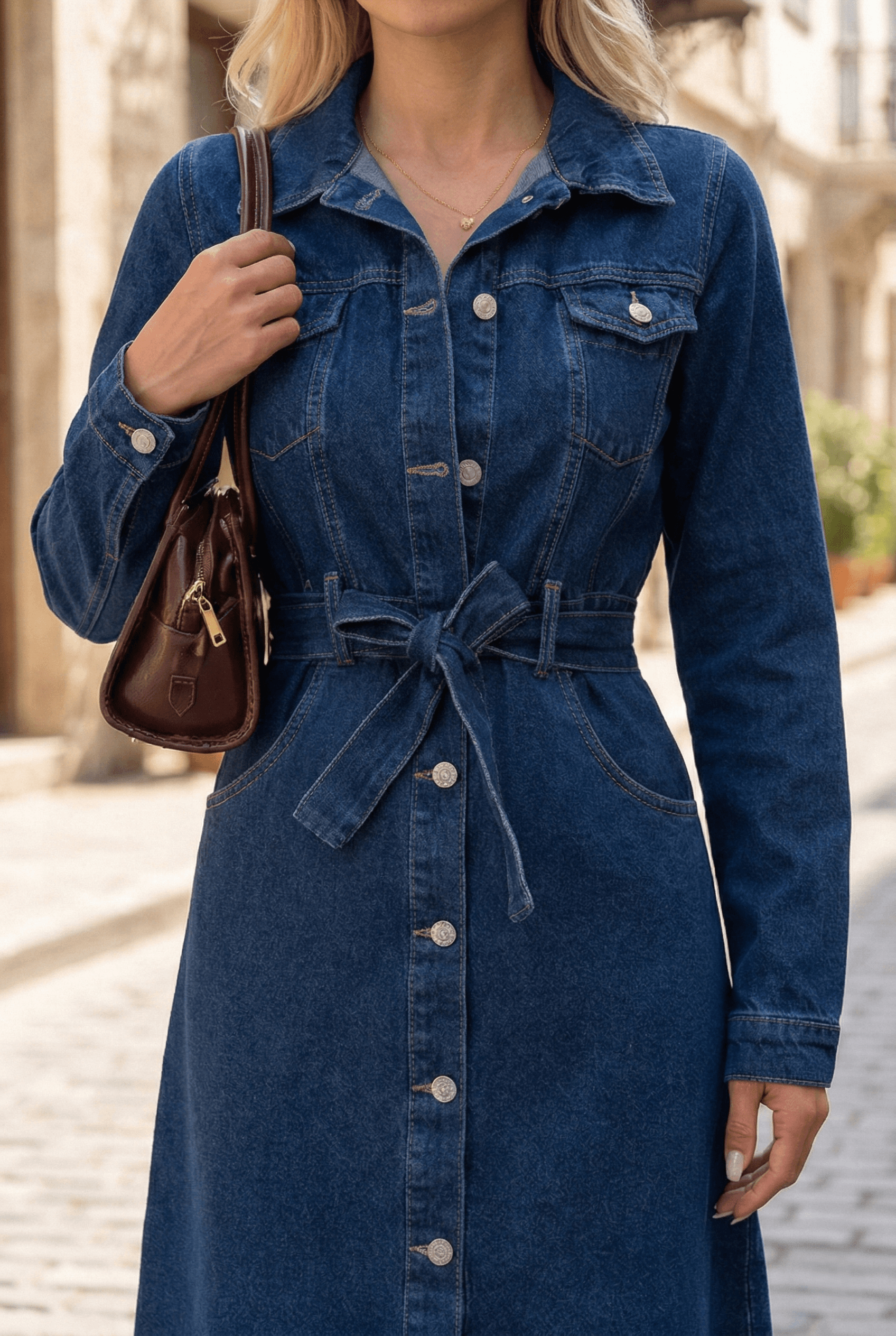 Vovikon Lacivert Kuşaklı Uzun Düğmeli Denim Trençkot - Görsel 2