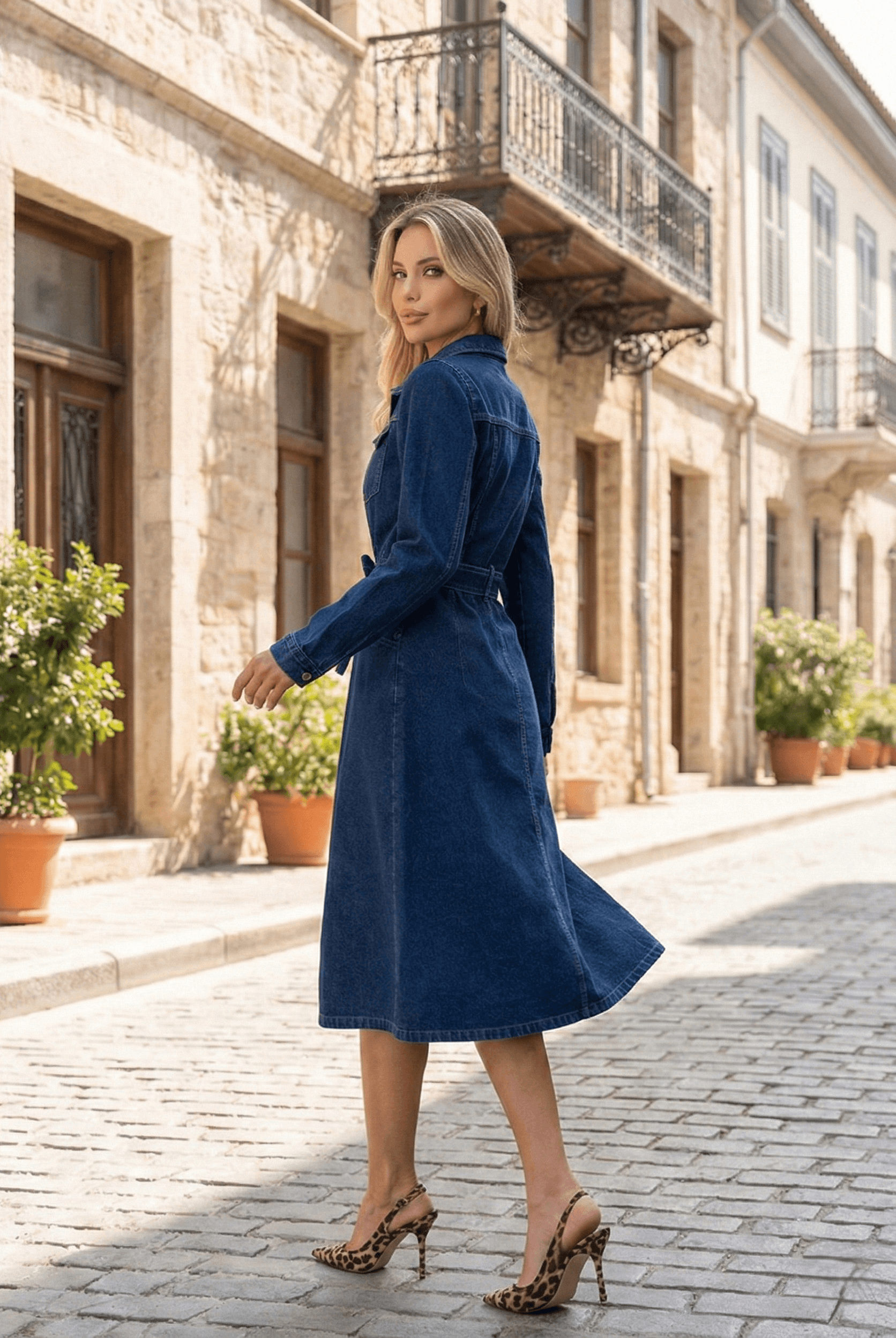 Vovikon Lacivert Kuşaklı Uzun Düğmeli Denim Trençkot - Görsel 4