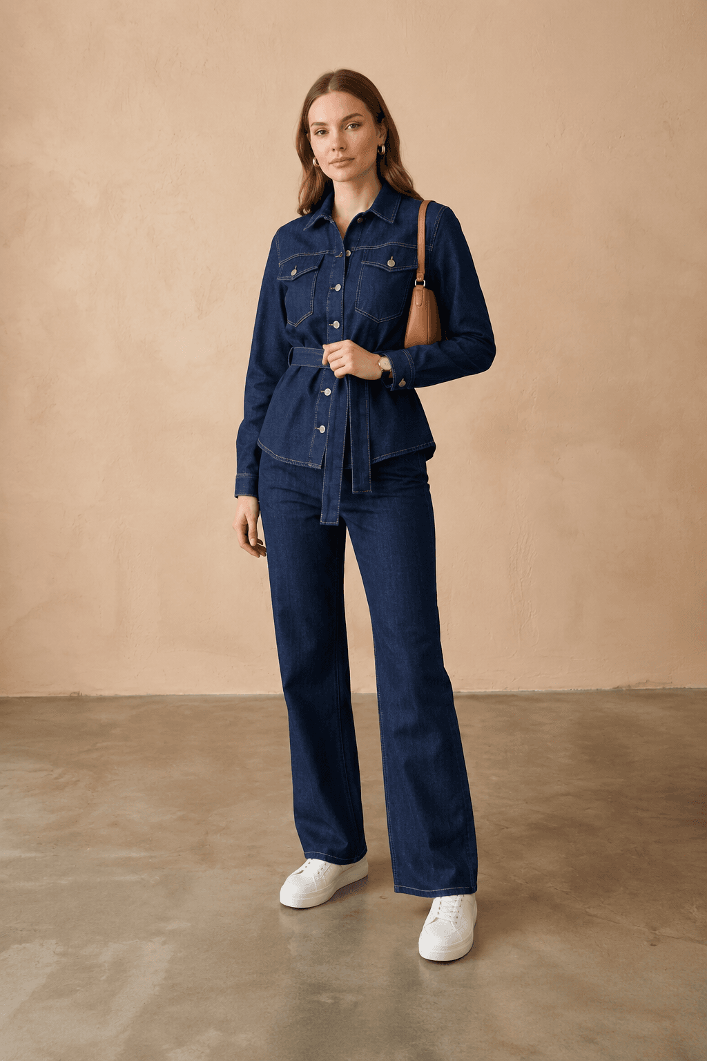 Vovikon Lacivert Kuşaklı Ceket Pantolon Denim Takım - Görsel 5