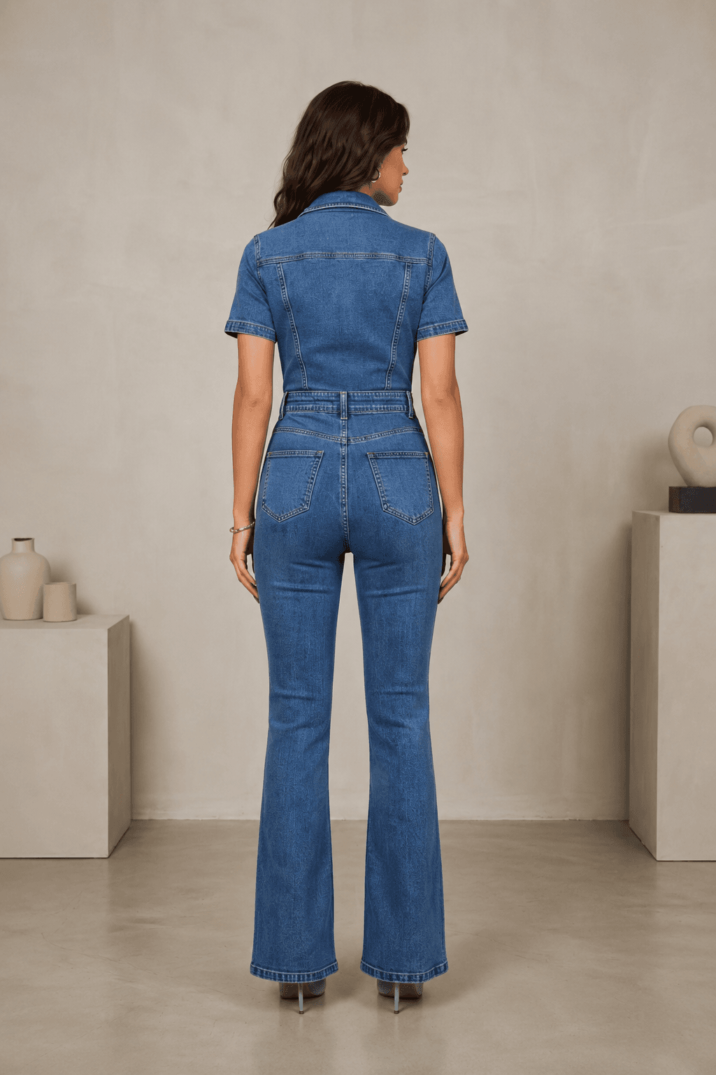 Vovikon Kısa Kollu Taş Yıkama İspanyol Paça Denim Tulum - Görsel 6