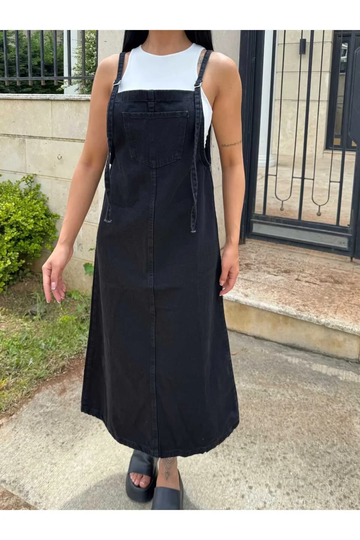 Vovikon KN Uzun Bahçevan Ön Cepli Askılı Siyah Denim Elbise - Görsel 4