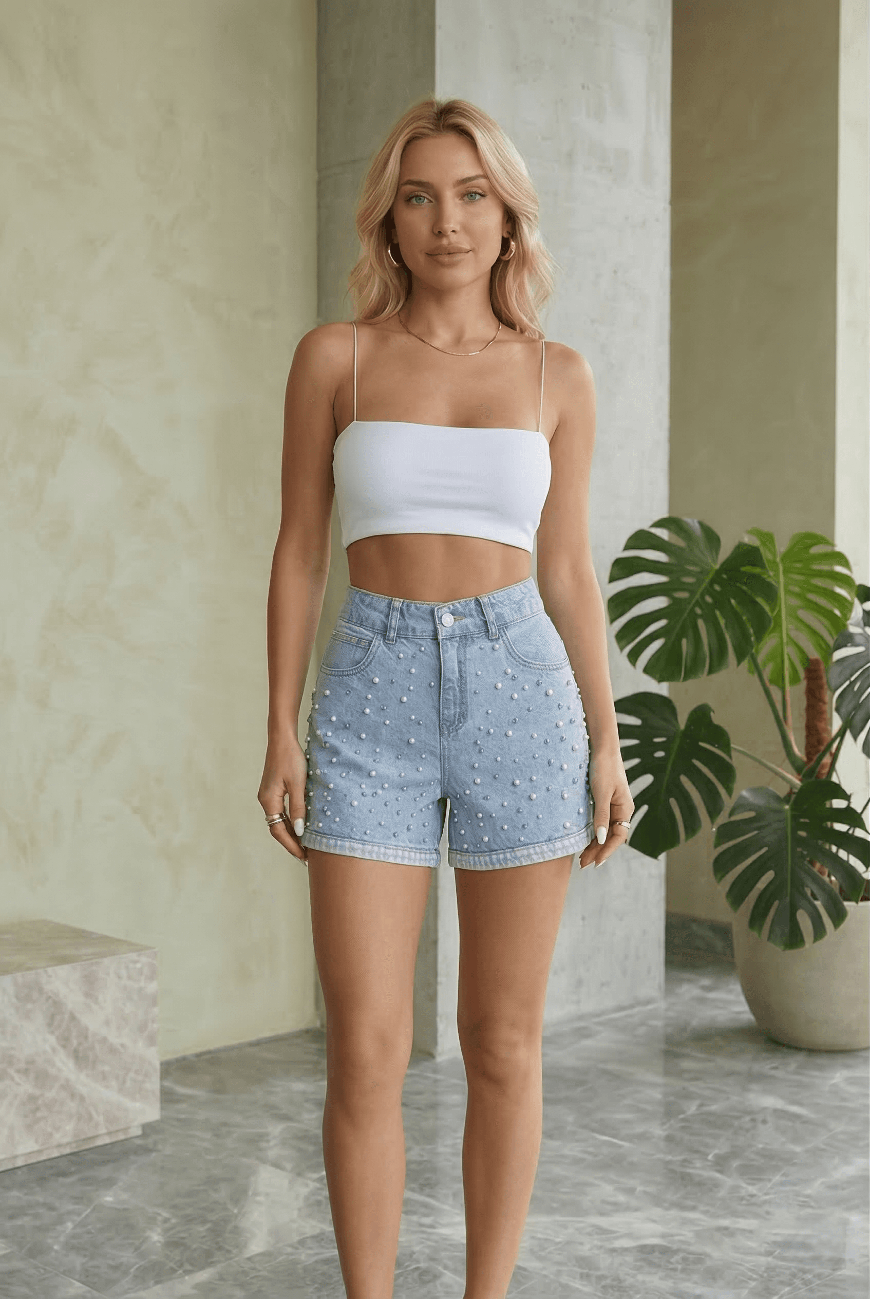 Buz Kar İncili Yan Yırtmaçlı Denim Şort - Görsel 1