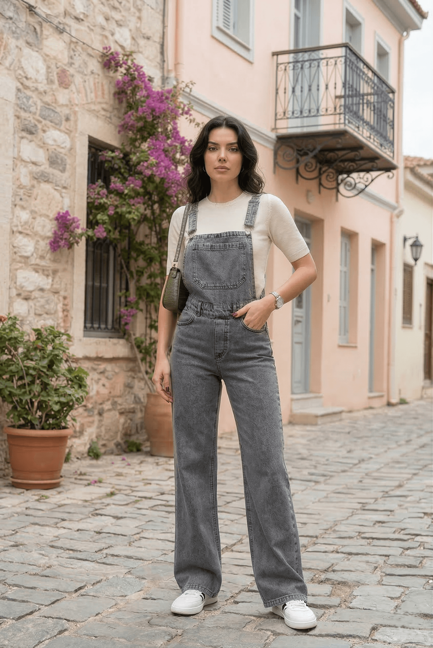 Vovikon KN Bahçıvan Kar Siyah Ön Cepli Askılı Bol Paça Kadın Denim Tulum - Görsel 1