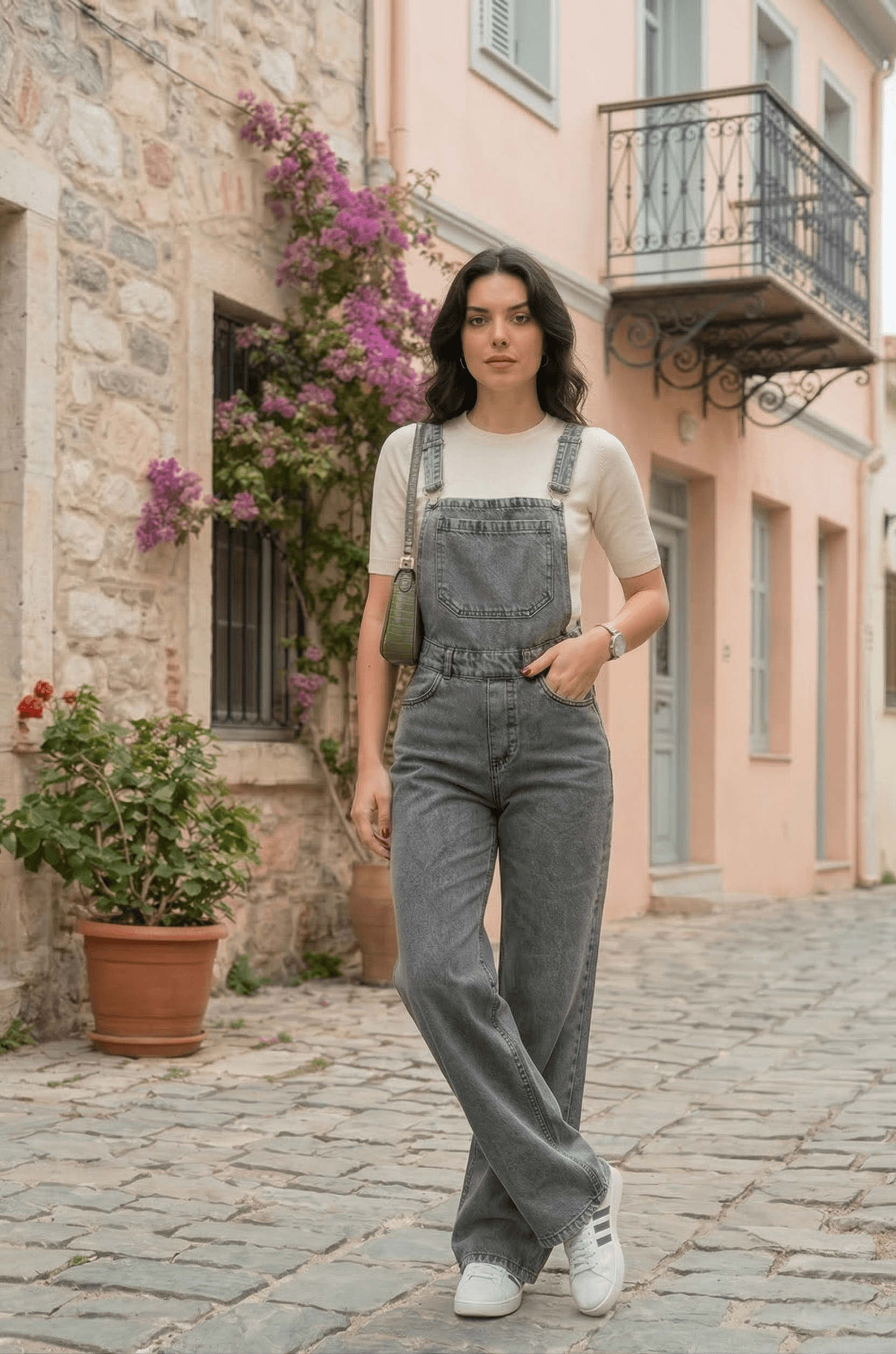 Vovikon KN Bahçıvan Kar Siyah Ön Cepli Askılı Bol Paça Kadın Denim Tulum - Görsel 2