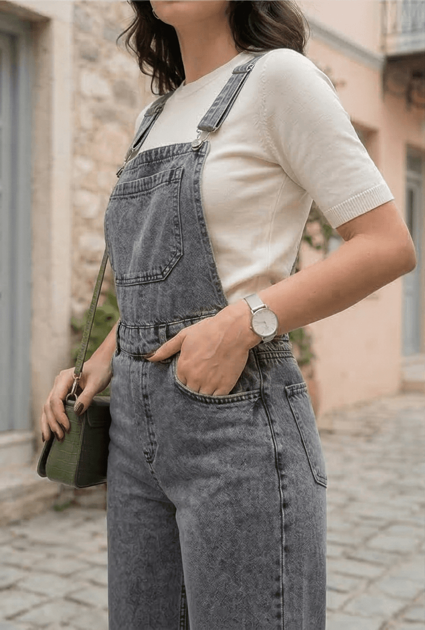 Vovikon KN Bahçıvan Kar Siyah Ön Cepli Askılı Bol Paça Kadın Denim Tulum - Görsel 5