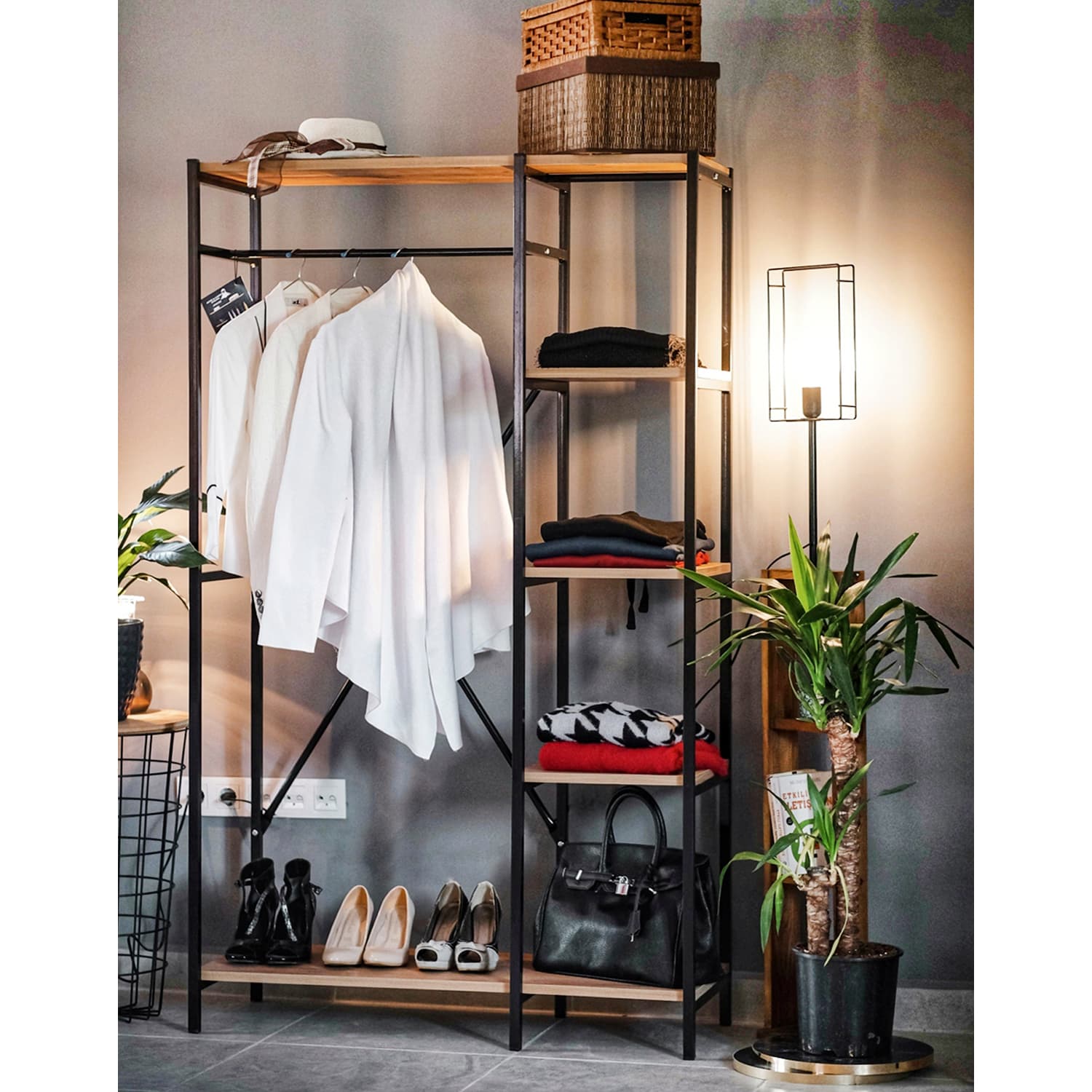 Metal Gardırop 5 Katlı Raf & Askılık Metal Kıyafet Dolabı 172 × 100 × 36 cm