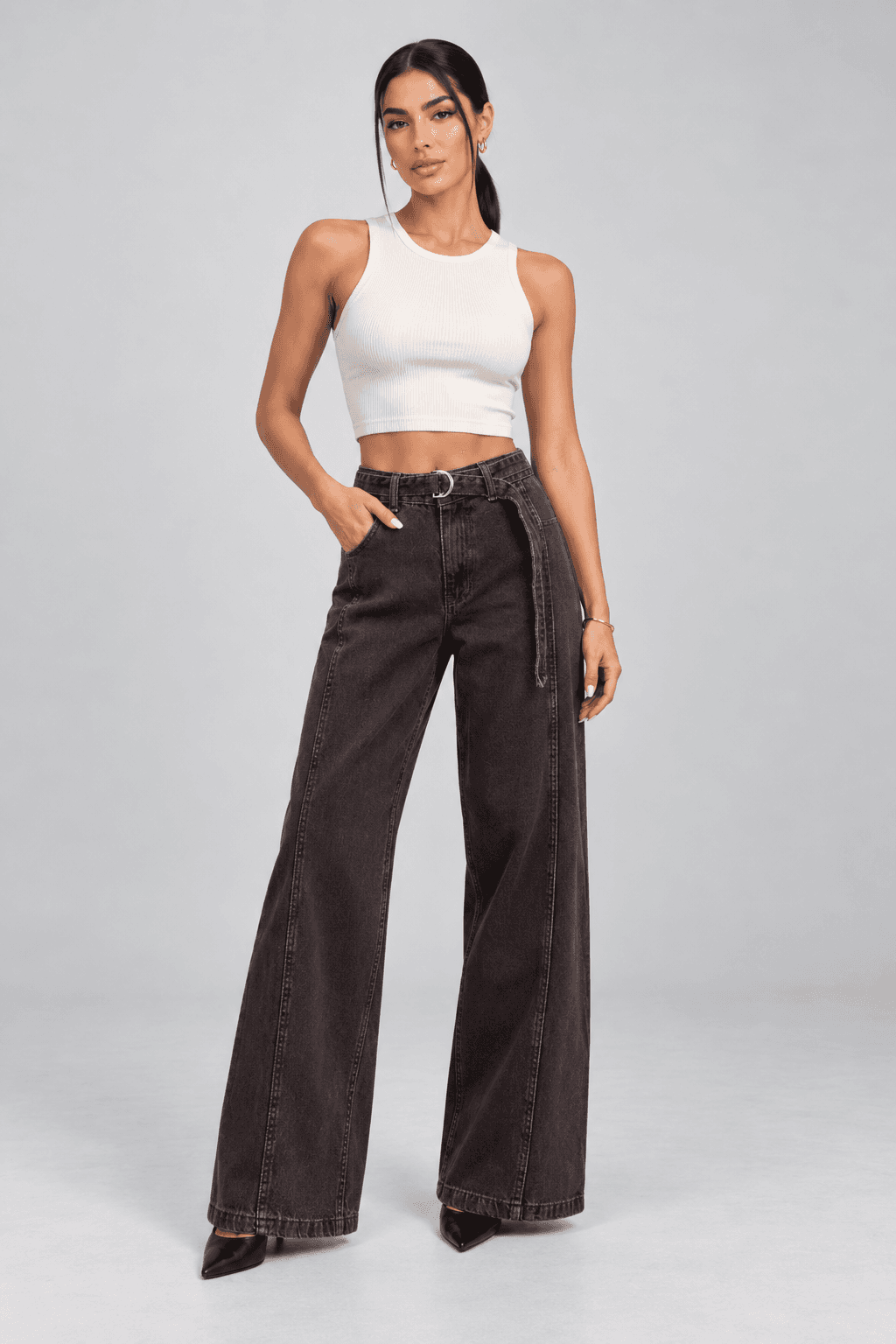 Kemer Detaylı Kahve Taşlamalı Wide Leg Jean - Görsel 1