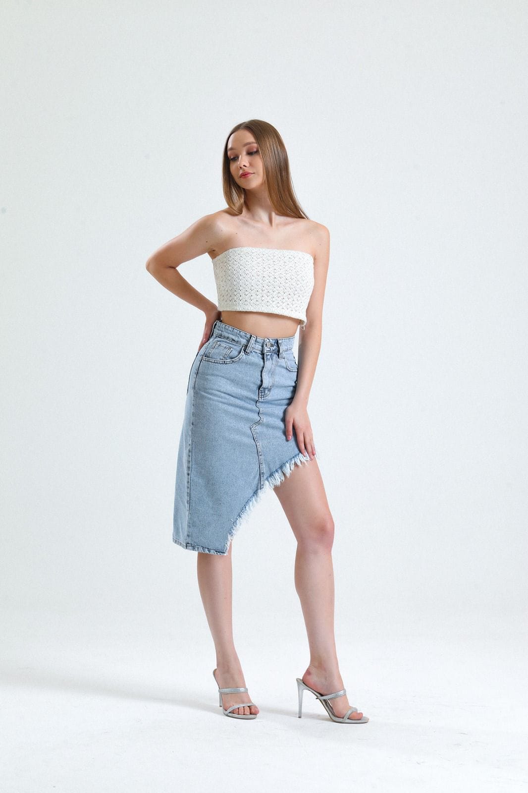Vovikon KN Püsküllü Denim Buz Mavi Kadın Asimetrik Kot Etek-3