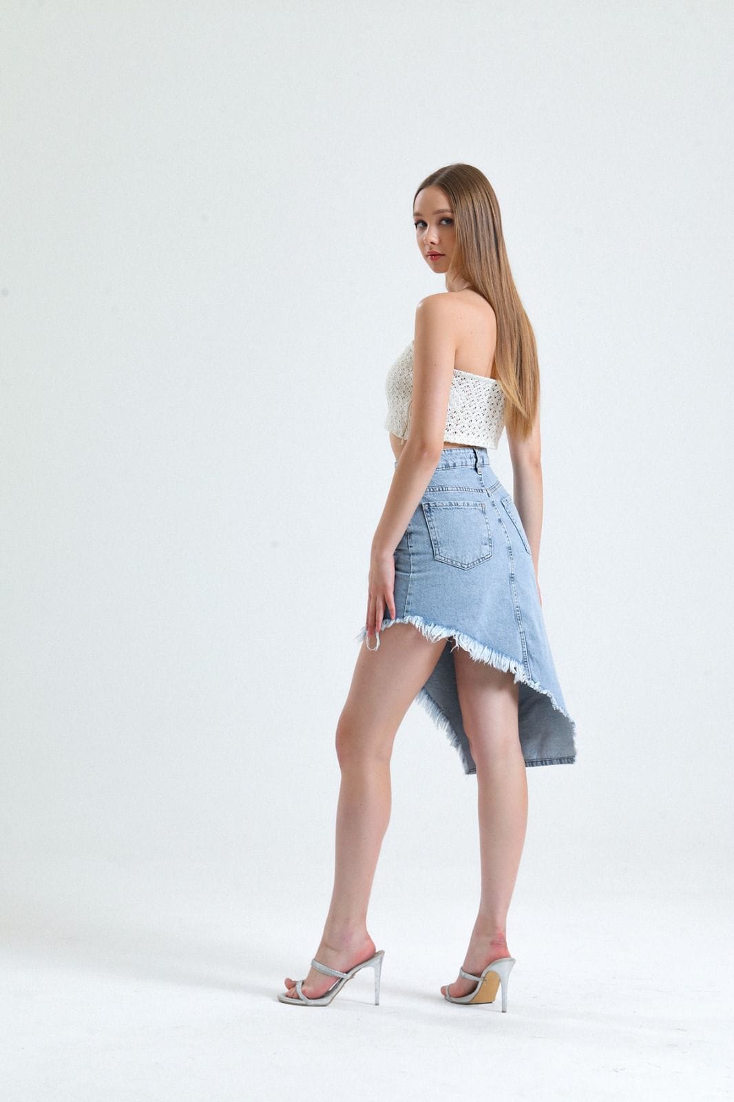 Vovikon KN Püsküllü Denim Buz Mavi Kadın Asimetrik Kot Etek-4